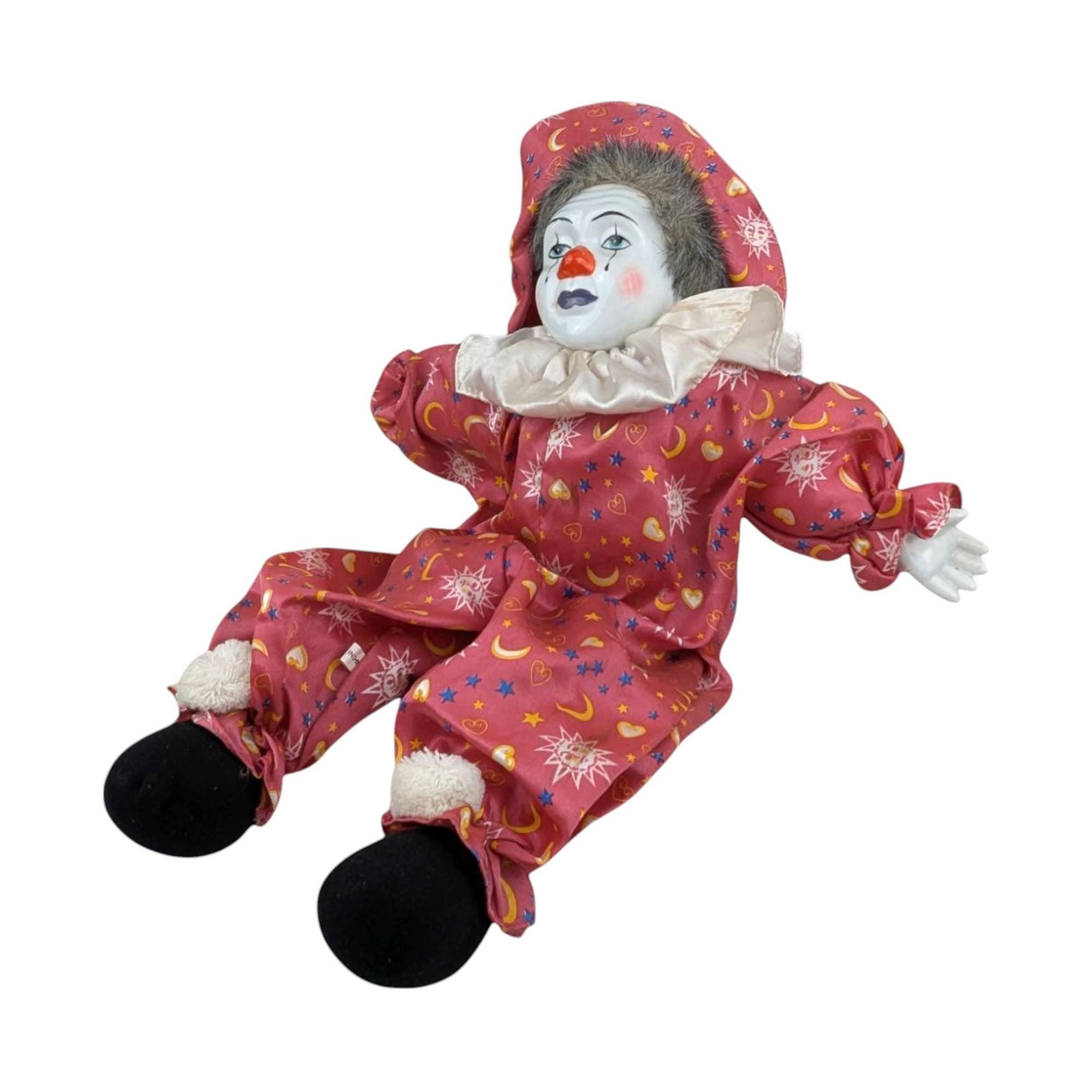 Vintage 18" Porcelain Clown Doll with Moon & Sun Outfit, Hand-Painted Face, Made in China, Decorative Collectible