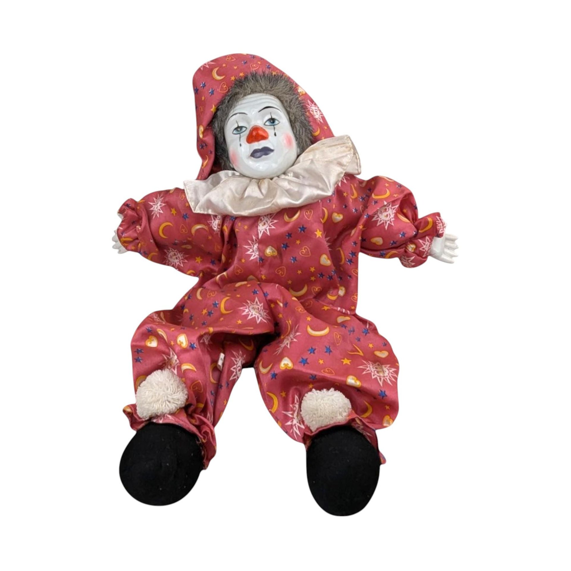 Vintage 18" Porcelain Clown Doll with Moon & Sun Outfit, Hand-Painted Face, Made in China, Decorative Collectible