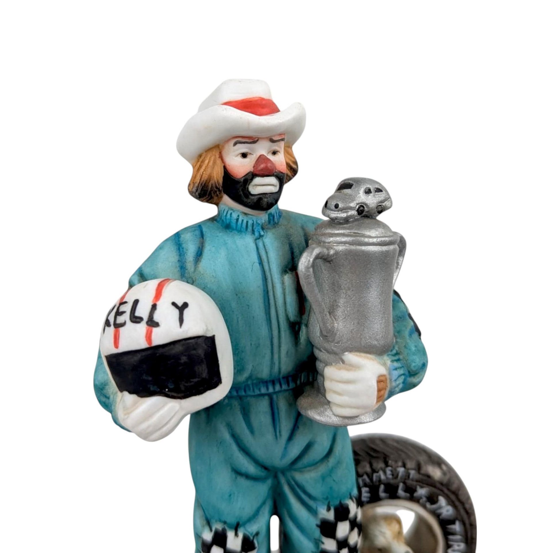 Flambro Emmett Kelley "With a Little Bit of Luck" Music Box, Clown Figurine, Racing Theme, 7 Inches, Collectible Music Box, Working Music