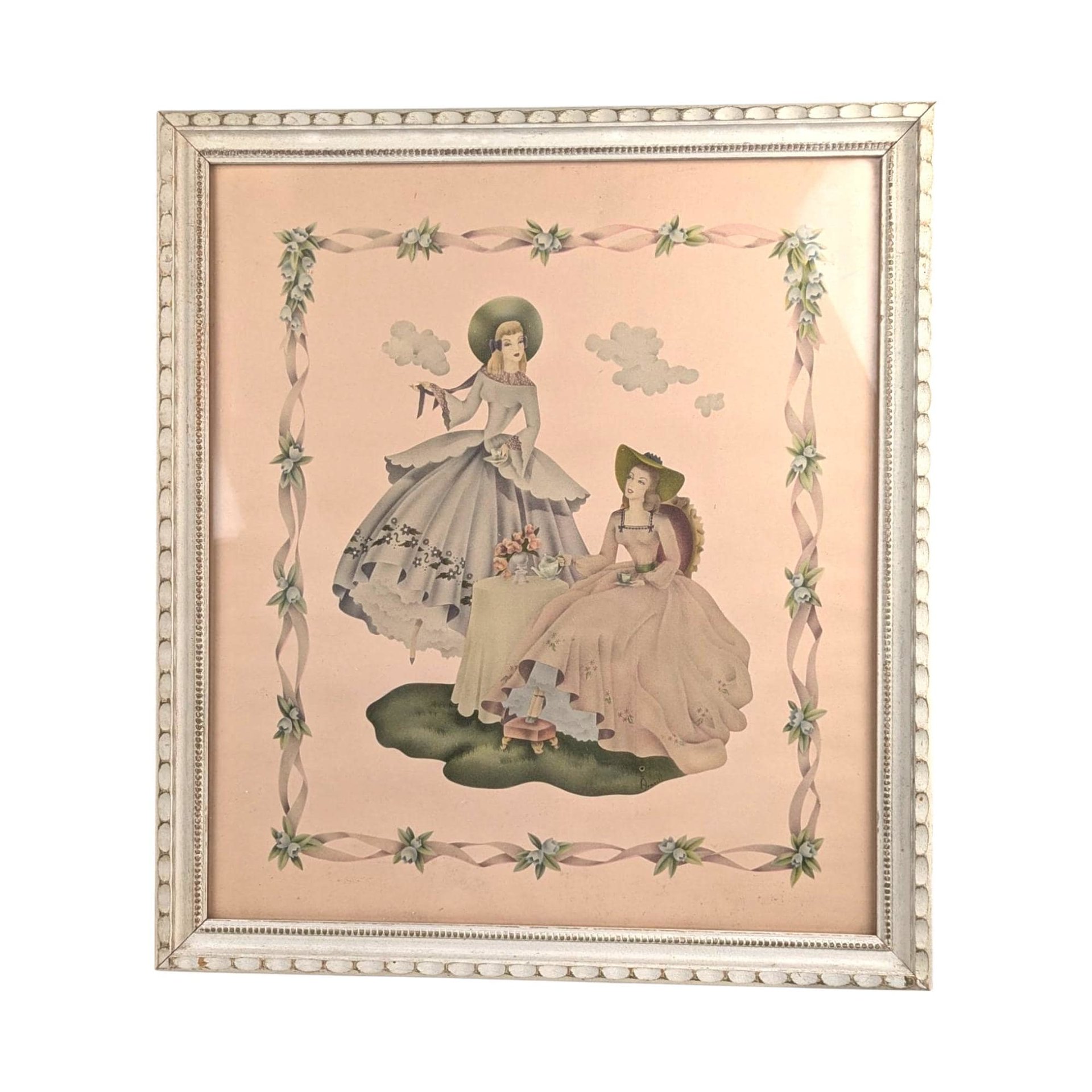 Vintage Framed Print, Southern Belles Art, Ladies in Gowns, Decorative Wall Art, Cream Wooden Frame