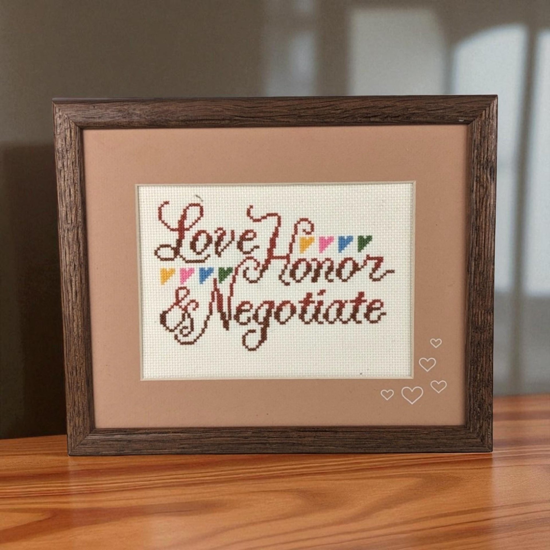 Vintage Framed Cross Stitch "Love, Honor, & Negotiate" | Funny Cross Stitch | Wedding Gift | Anniversary Gift | Home Decor