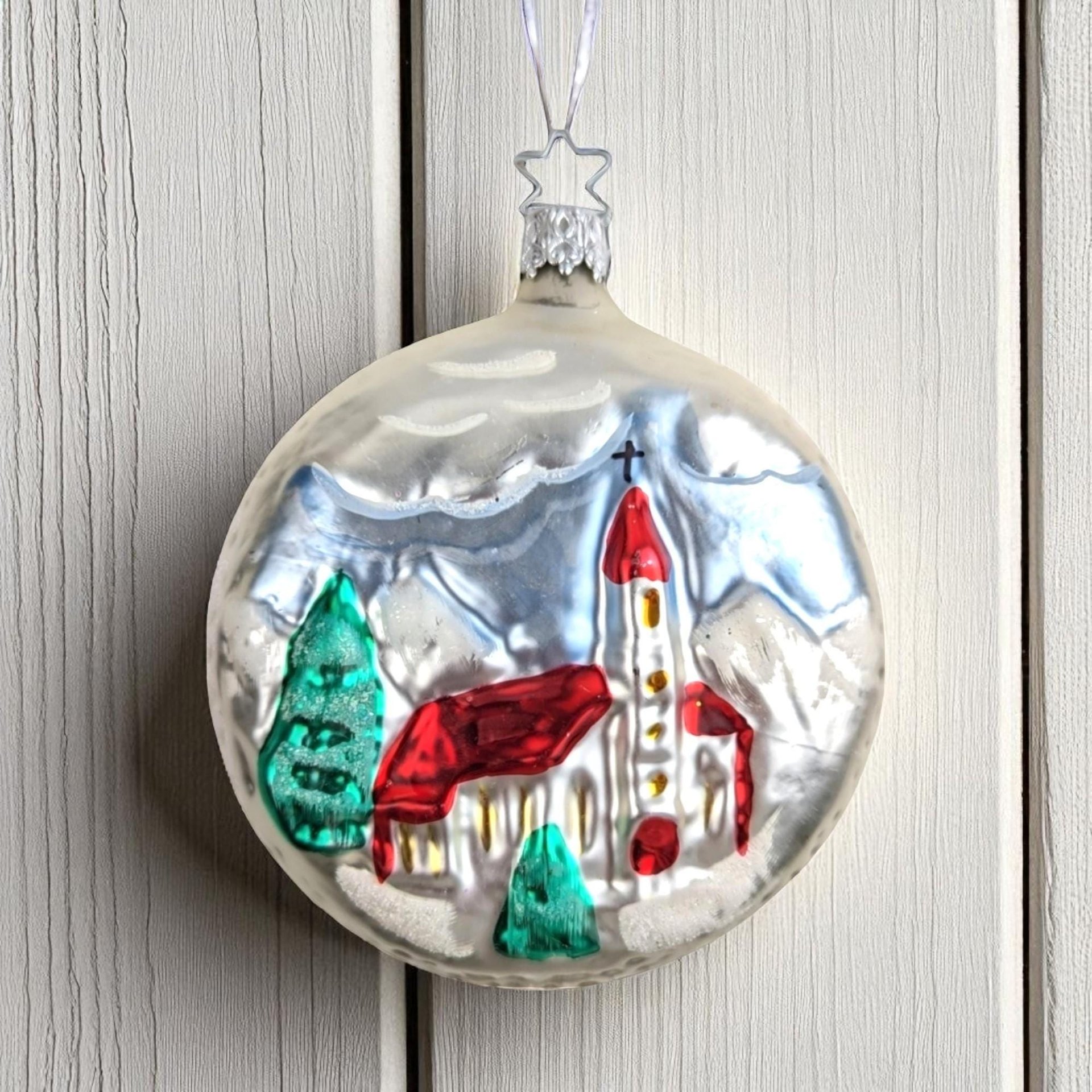 Vintage Blown Glass Ornament with Church Scene