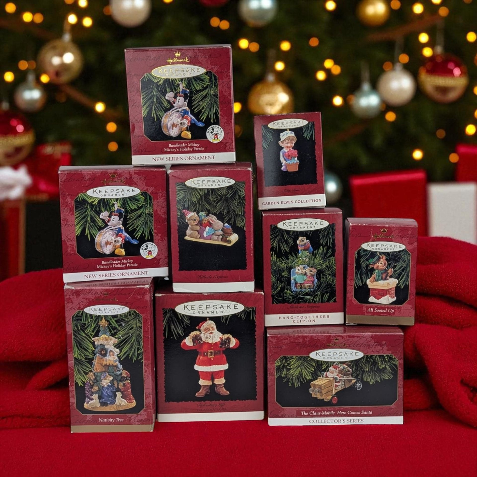Vintage Hallmark Ornament Lot - 90s Keepsake Ornaments with Boxes - Mickey, Elves, Santa, & More