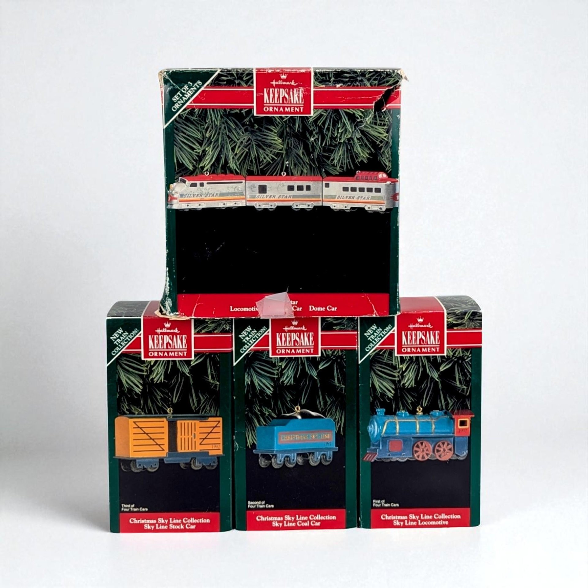 Vintage Hallmark Train Ornaments - Christmas Skyline Collection & Silver Star - 1992 Keepsake Ornaments with Boxes