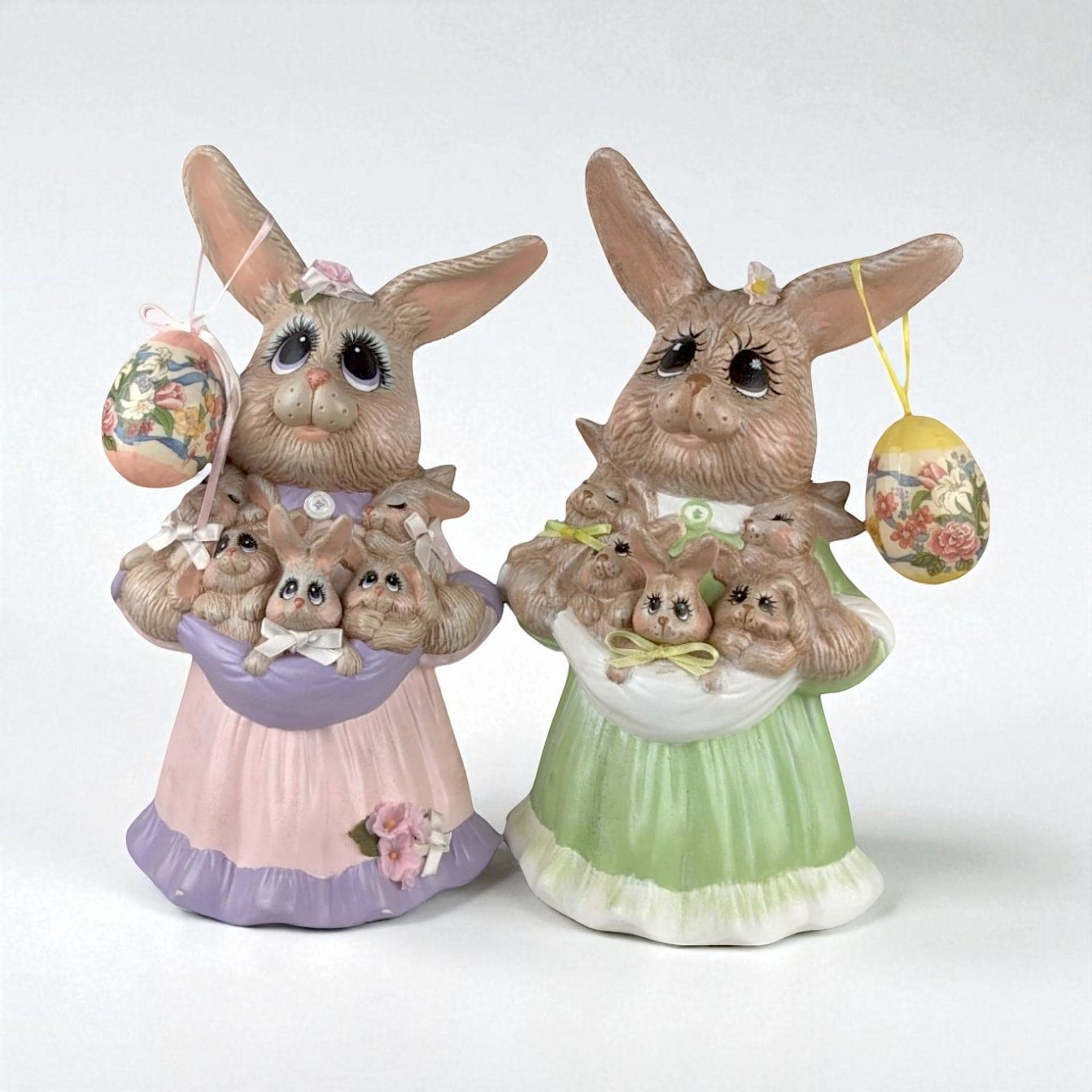 Vintage Pair of Ceramic Mother Rabbit with Babies Easter Figures | Easter Decor | Spring Decor | Bunny Figurines | Collectible Figurines
