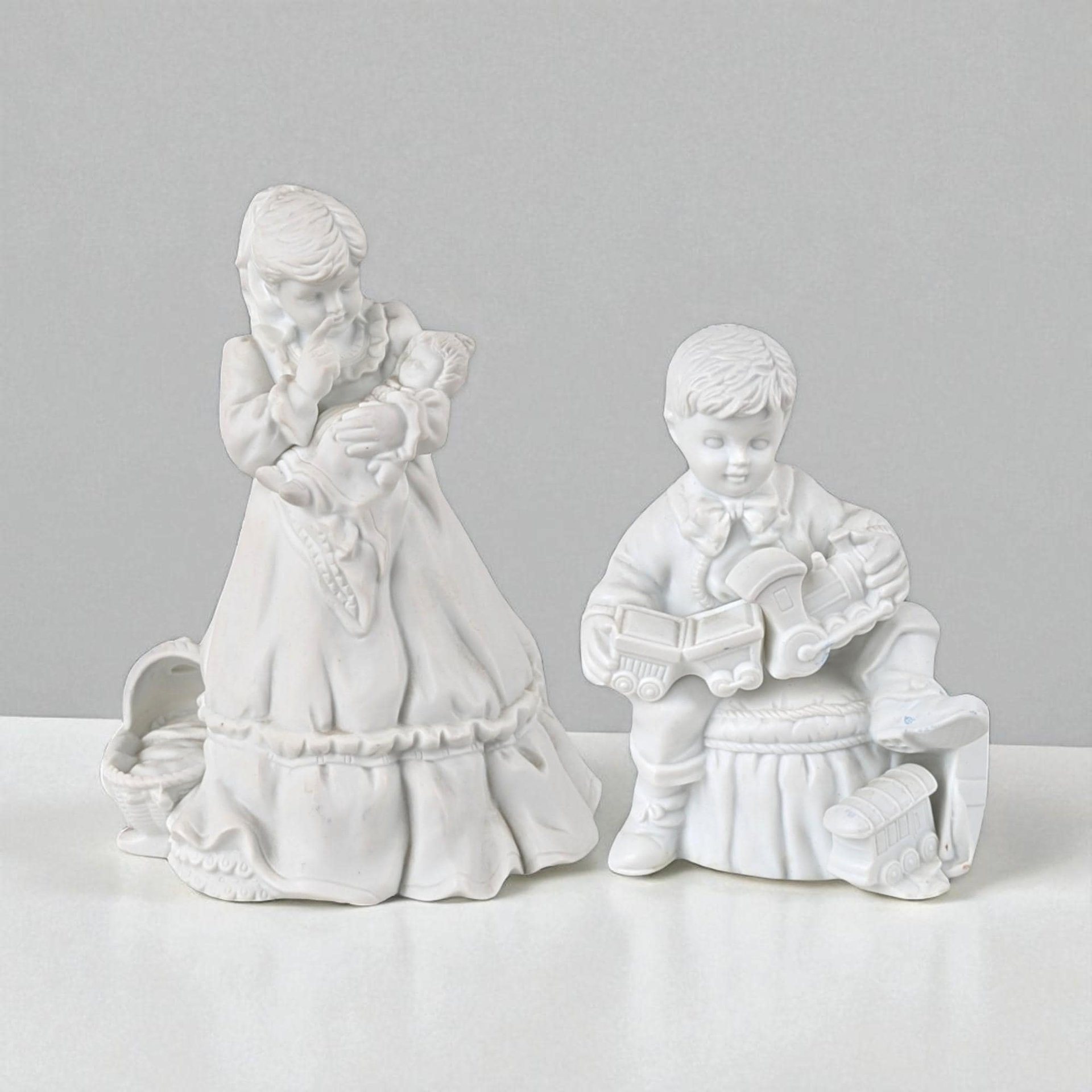 Vintage Dept 56 Christmas Presents Figurine Set, Boy with Train, Girl with Doll, Winter Silhouette, Holiday Decor, Christmas Gift