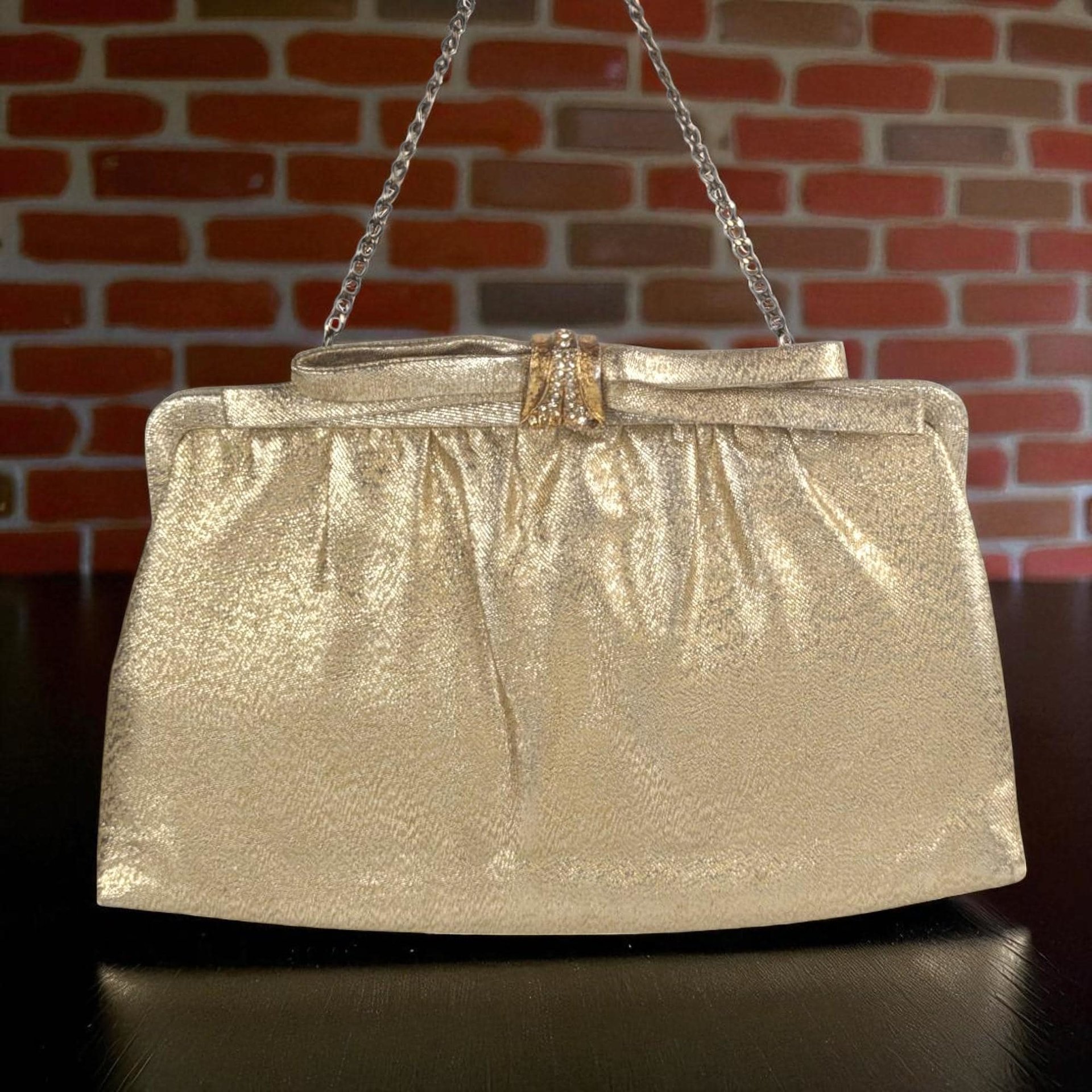 Vintage Gold Handbag, Evening Bag, Clutch Purse, Rhinestone Clasp, Retro Style, Mid-Century Fashion