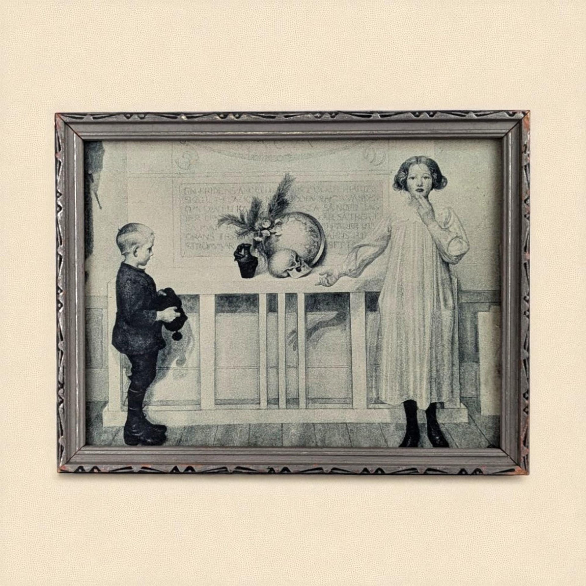 Vintage Swedish Mourning Print, Framed Art, Children, Symbolic Art, Antique Decor, Small Wall Art, Unique Gift, Historical Print