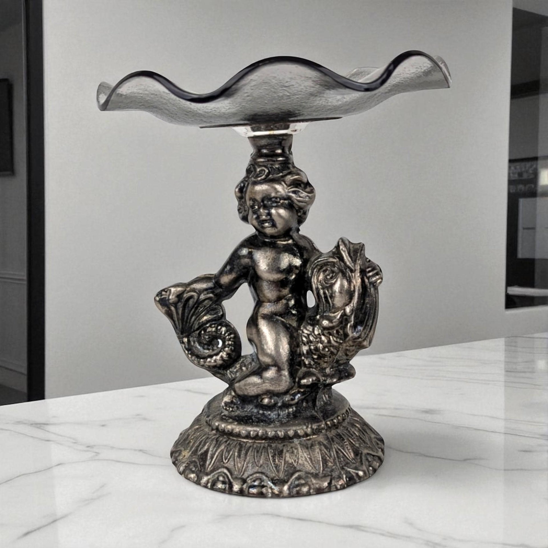 Vintage Cast Pewter Pedestal Dish, Cherub and Koi Fish, Glass Candy Dish, Trinket Dish, Unique Home Decor