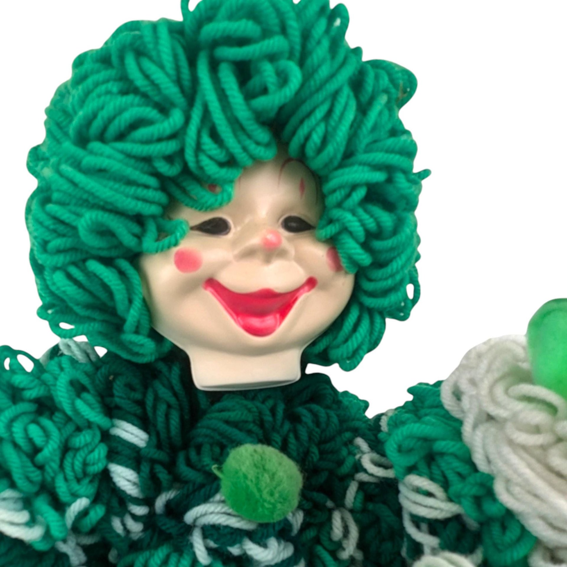 Vintage Handmade Yarn Clown, Green and White Clown Doll, Whimsical Decor, Collectible Clown, Unique Gift