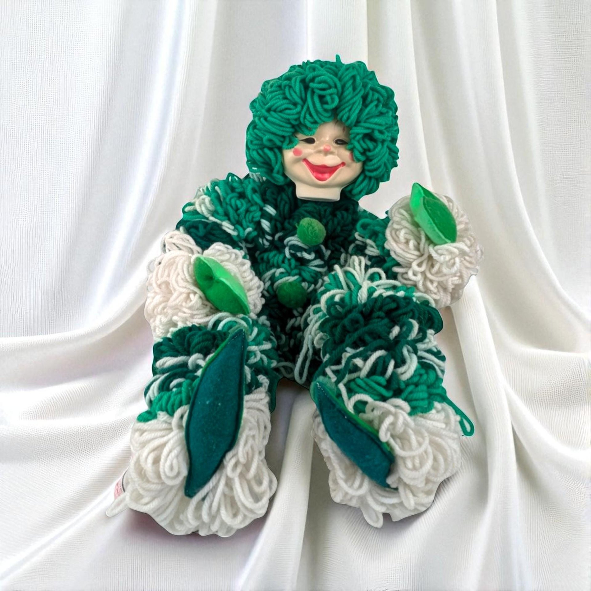 Vintage Handmade Yarn Clown, Green and White Clown Doll, Whimsical Decor, Collectible Clown, Unique Gift