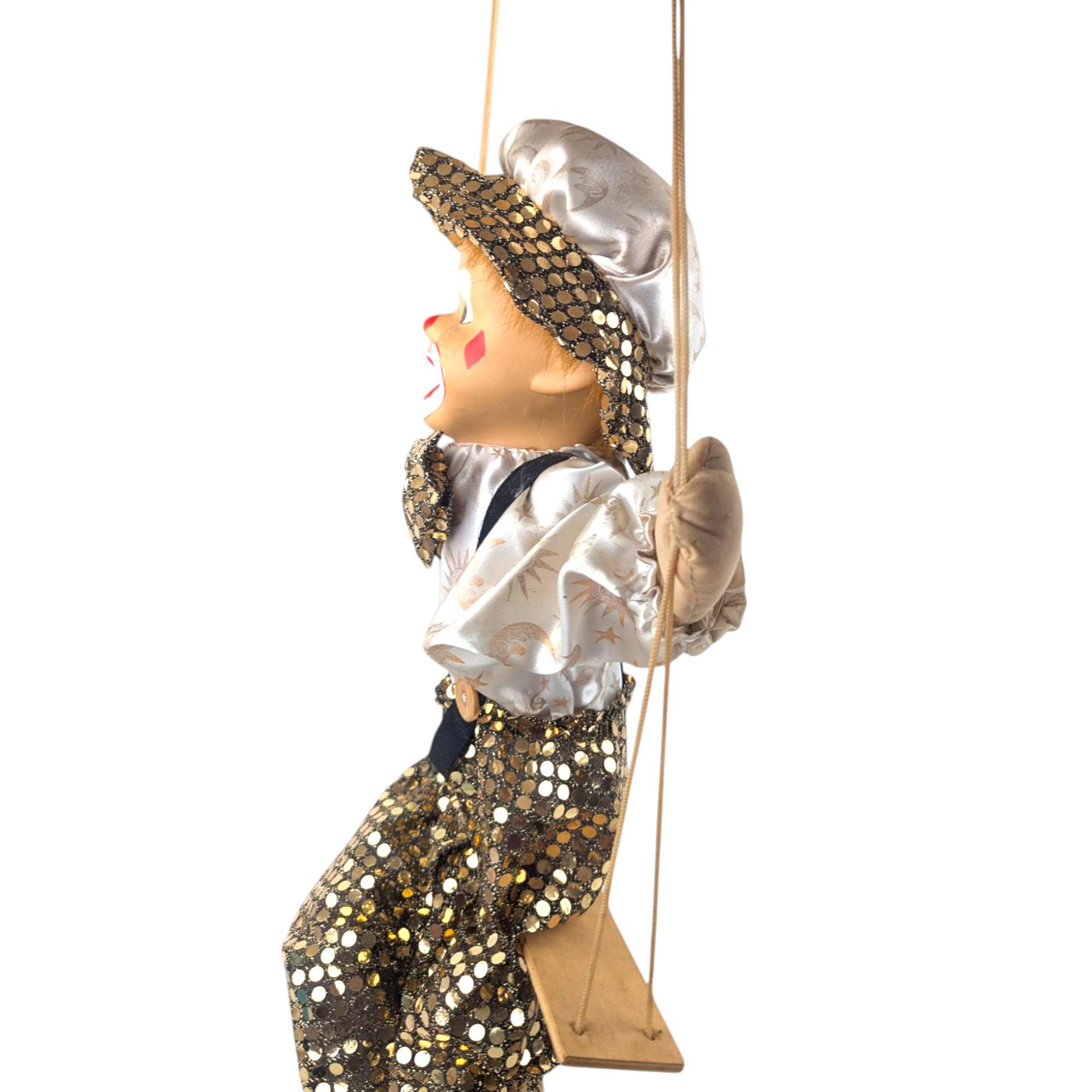 Vintage Porcelain Clown Doll on Swing, Green Gold Sequin Clown Figure, Hanging Circus Decor, Collectible Clown