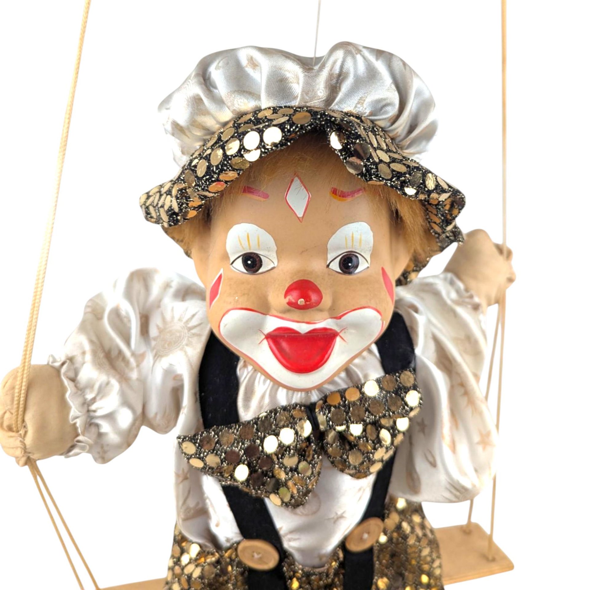 Vintage Porcelain Clown Doll on Swing, Green Gold Sequin Clown Figure, Hanging Circus Decor, Collectible Clown