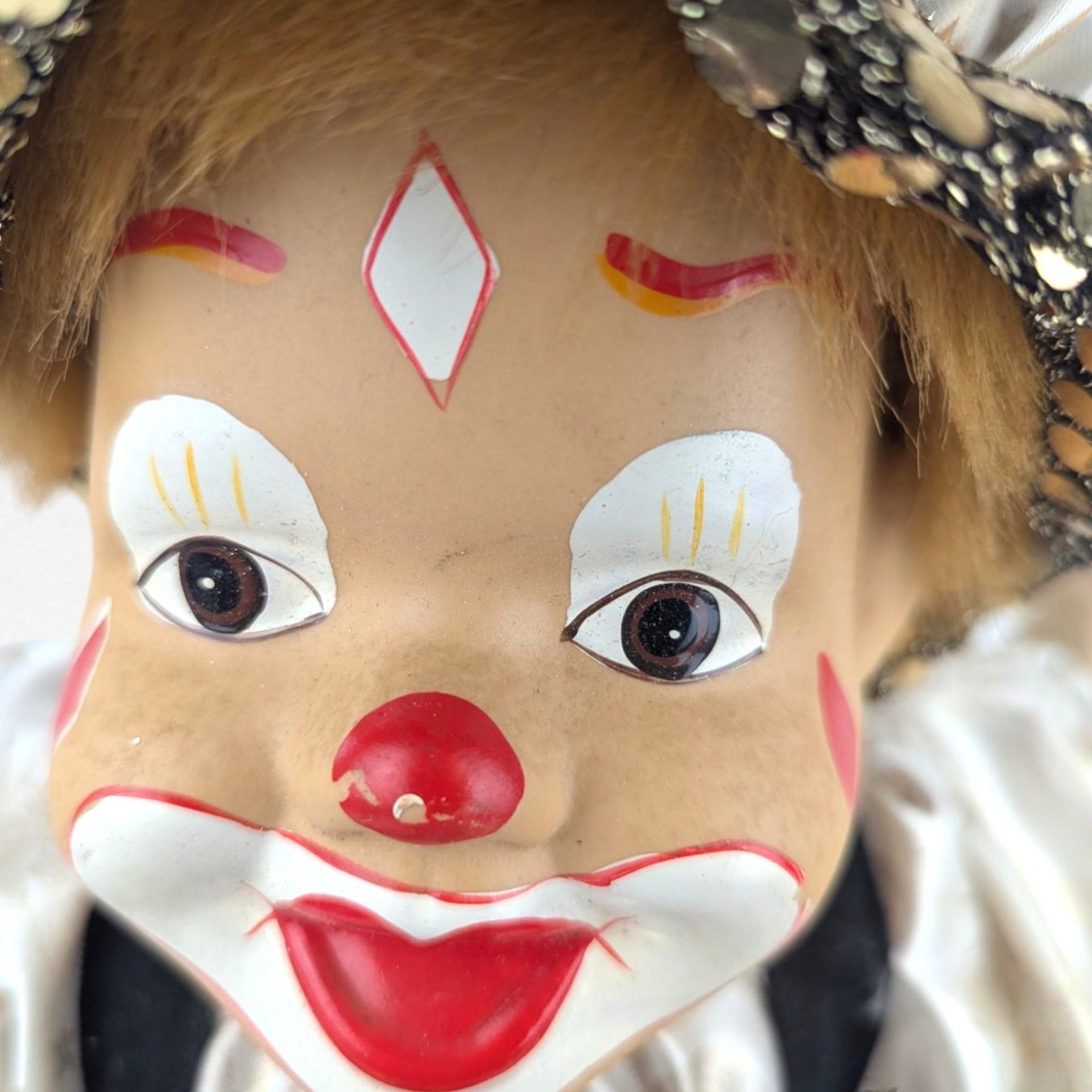 Vintage Porcelain Clown Doll on Swing, Green Gold Sequin Clown Figure, Hanging Circus Decor, Collectible Clown