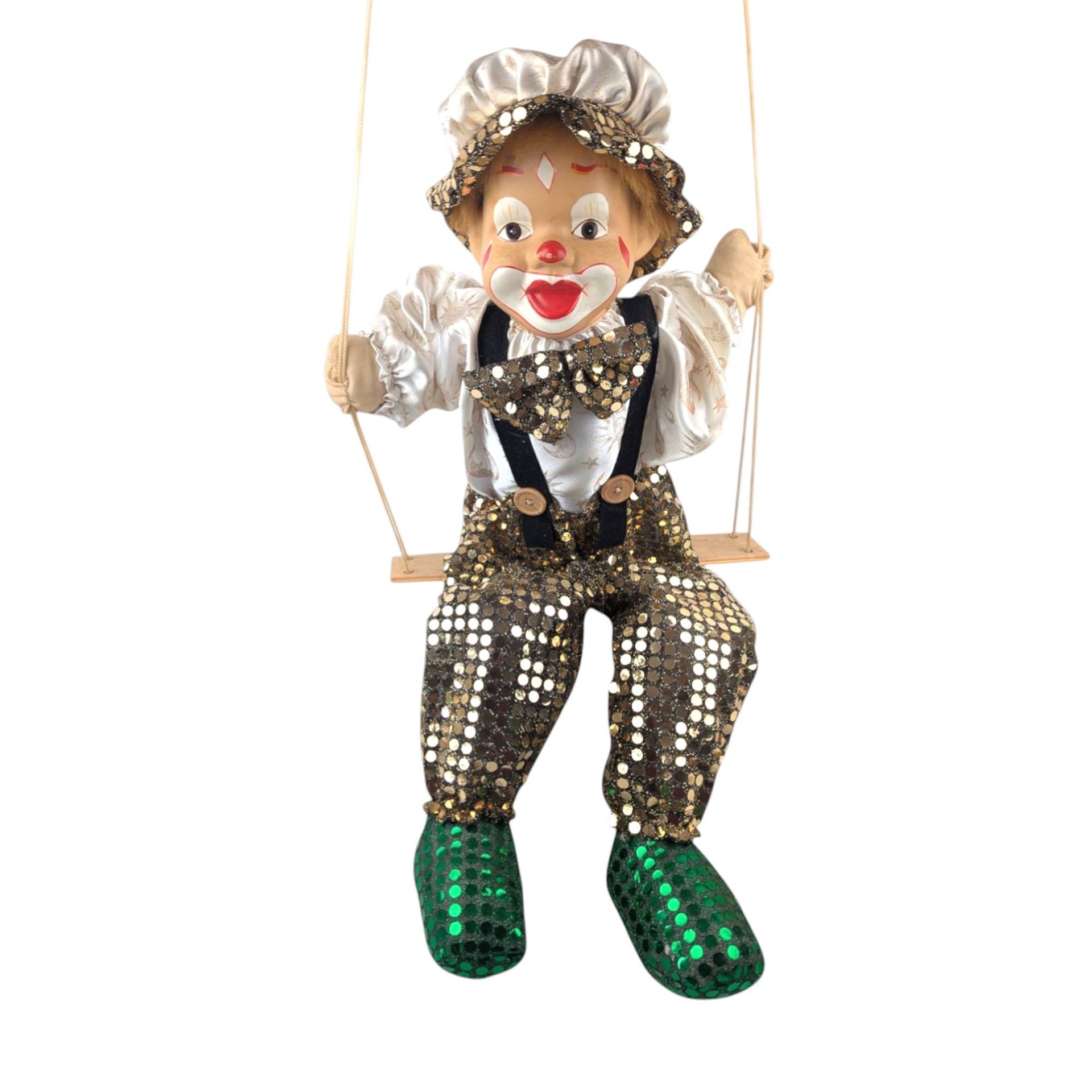 Vintage Porcelain Clown Doll on Swing, Green Gold Sequin Clown Figure, Hanging Circus Decor, Collectible Clown