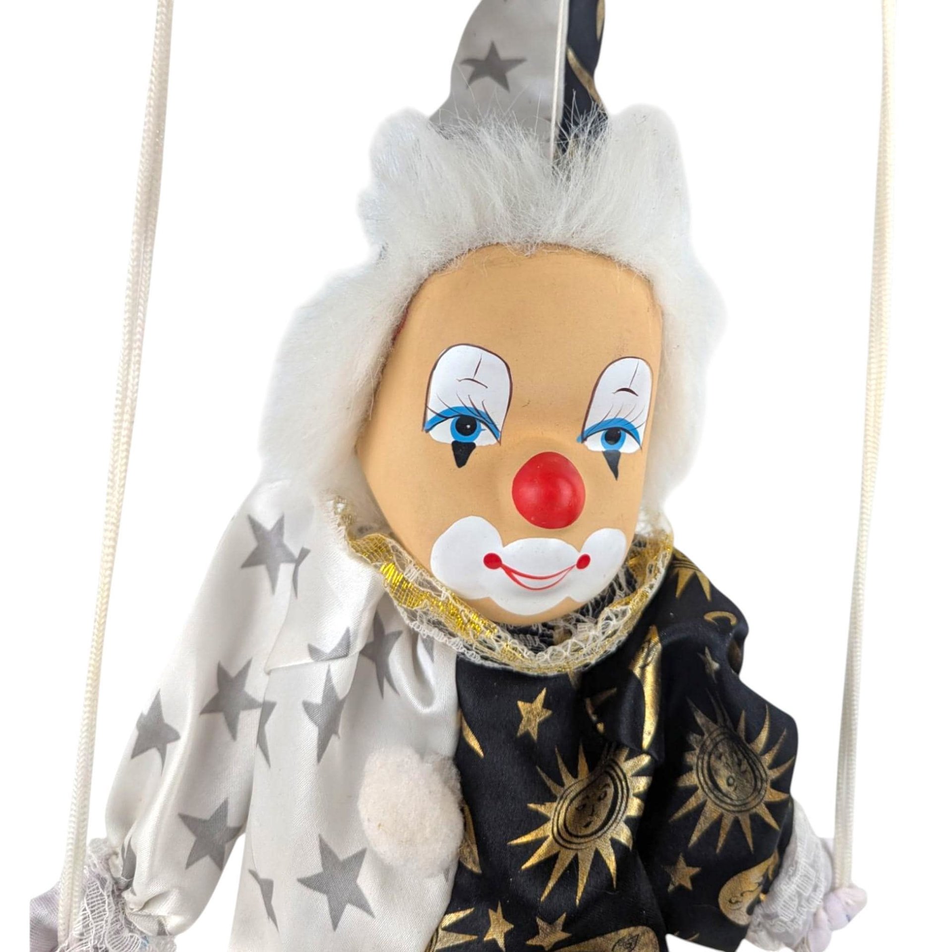 Vintage Moon and Stars Clown Doll, Black White Porcelain Swing Figure, Celestial Circus Decor, Collectible