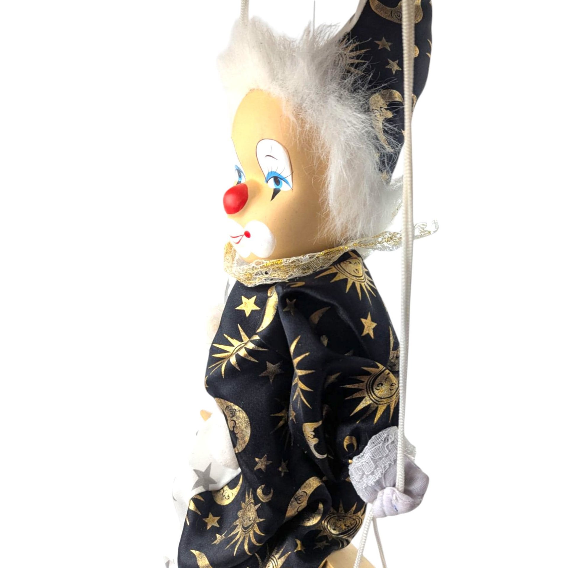 Vintage Moon and Stars Clown Doll, Black White Porcelain Swing Figure, Celestial Circus Decor, Collectible
