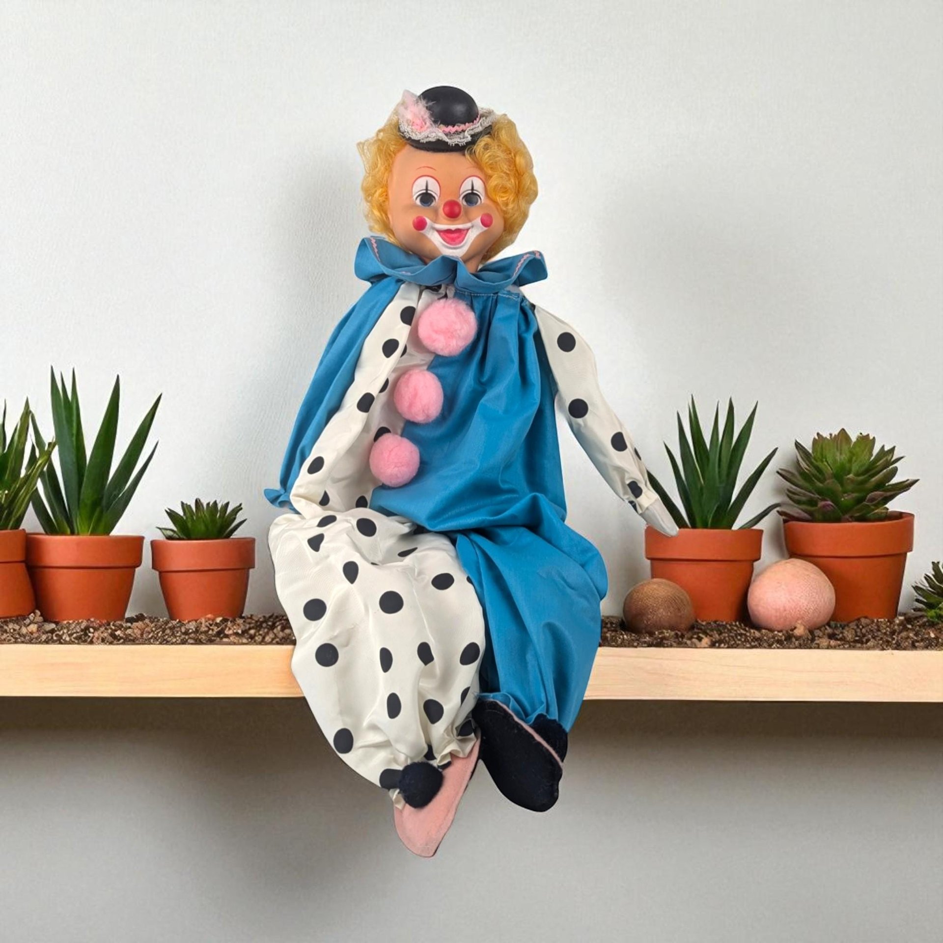 Vintage Handmade Clown Shelf Sitter, Polka Dot Clown Doll, Whimsical Decor, Collectible Clown, Unique Gift