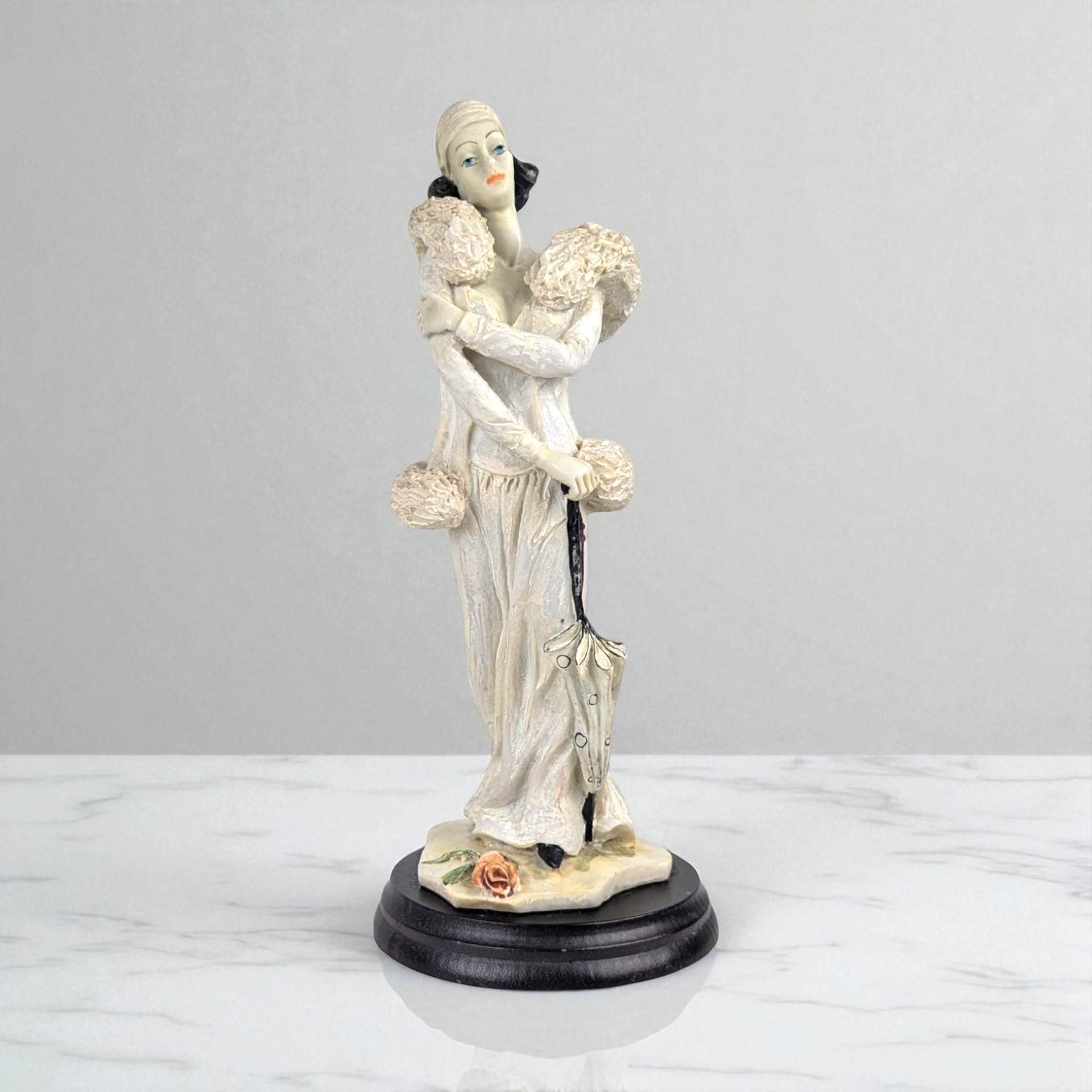 Vintage Art Deco Lady Figurine: Resin Sculpture on Wood Base