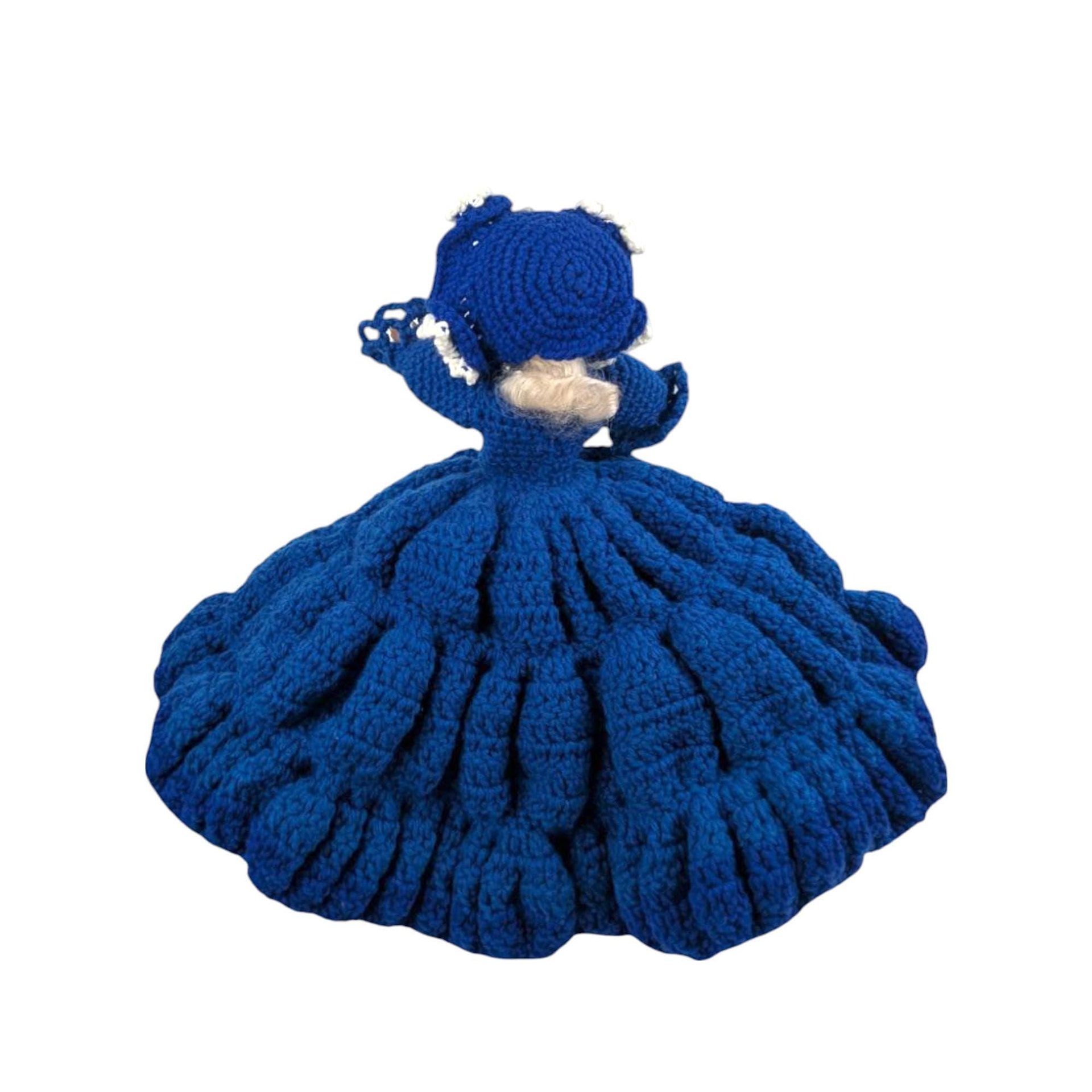 Vintage Crochet Lady Doll: Blue Dress & Bonnet, Folk Art Collectible