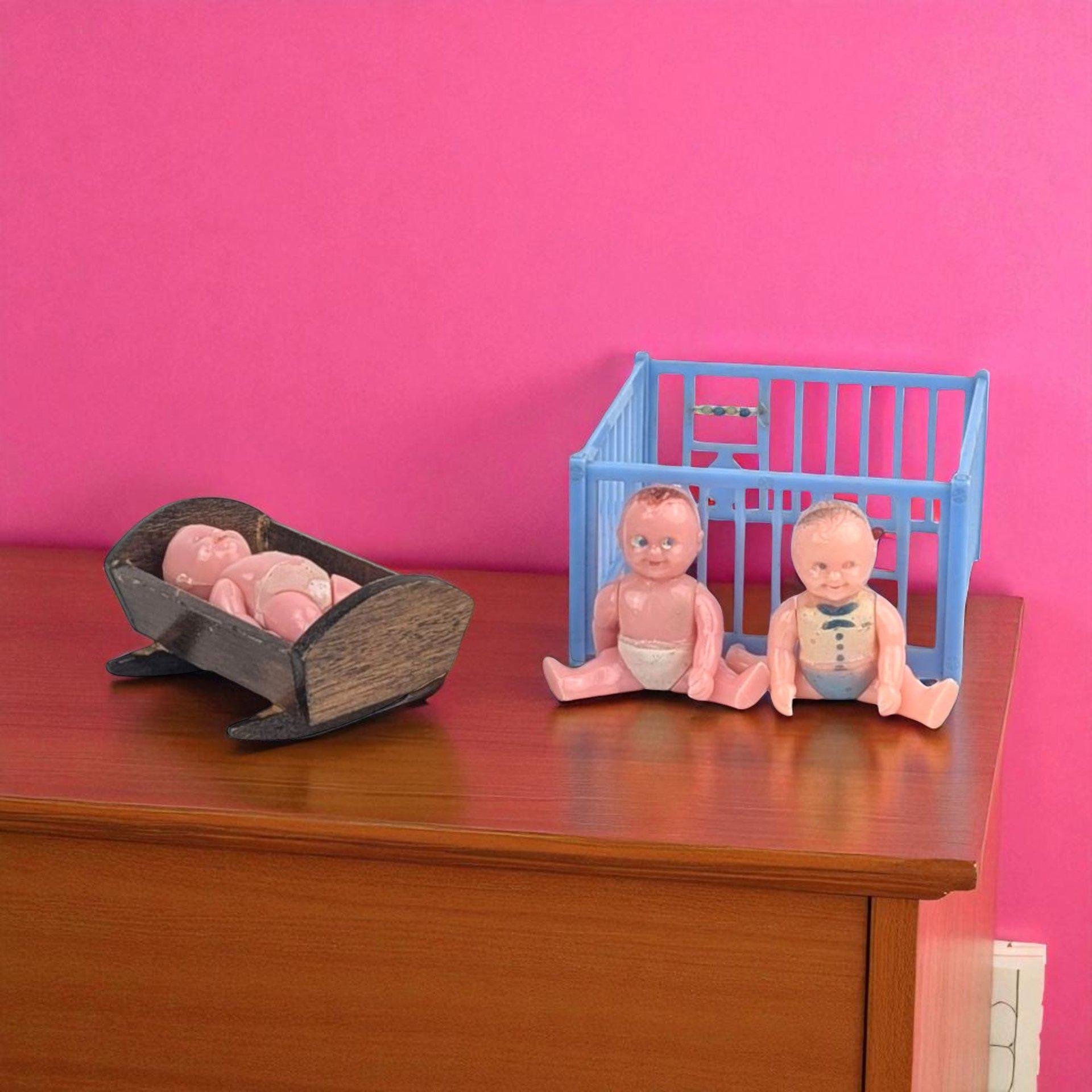 Vintage Dollhouse Nursery Set: 1950s Renwal Playpen, Wooden Cradle, Miniature Babies