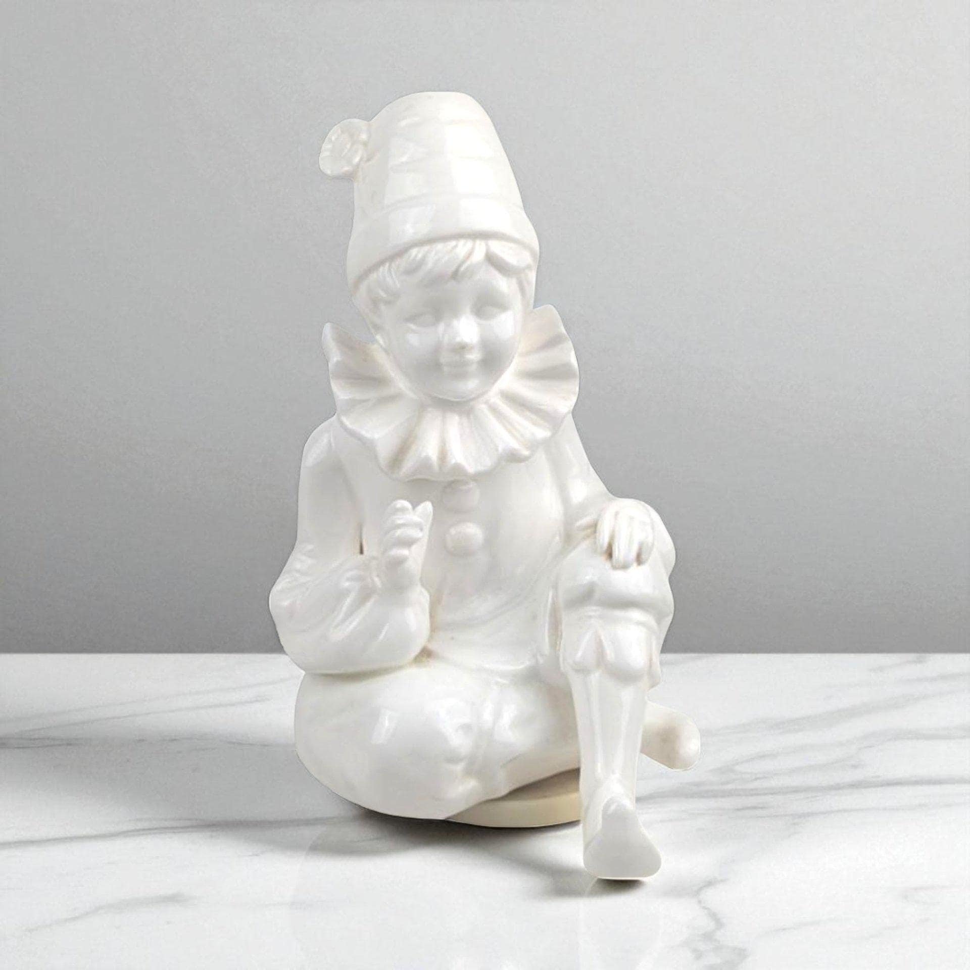 Vintage Pierrot Clown Music Box: White Ceramic Rotating Musical Statue