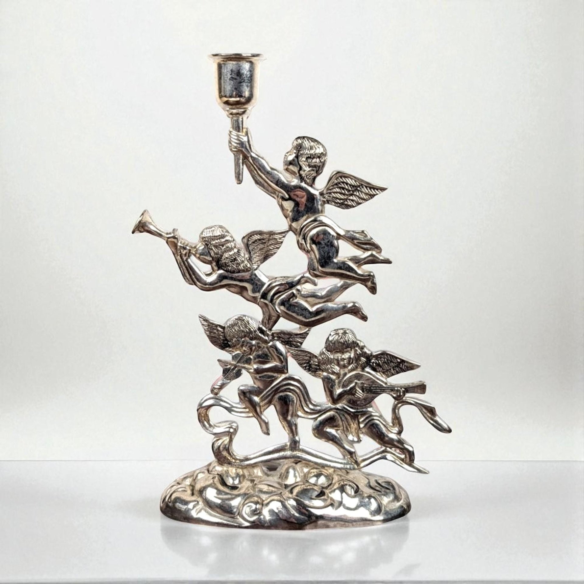 Godinger Silver Plate Candlestick, Cherub Candle Holder, Angel Candle Holder, Vintage Home Decor