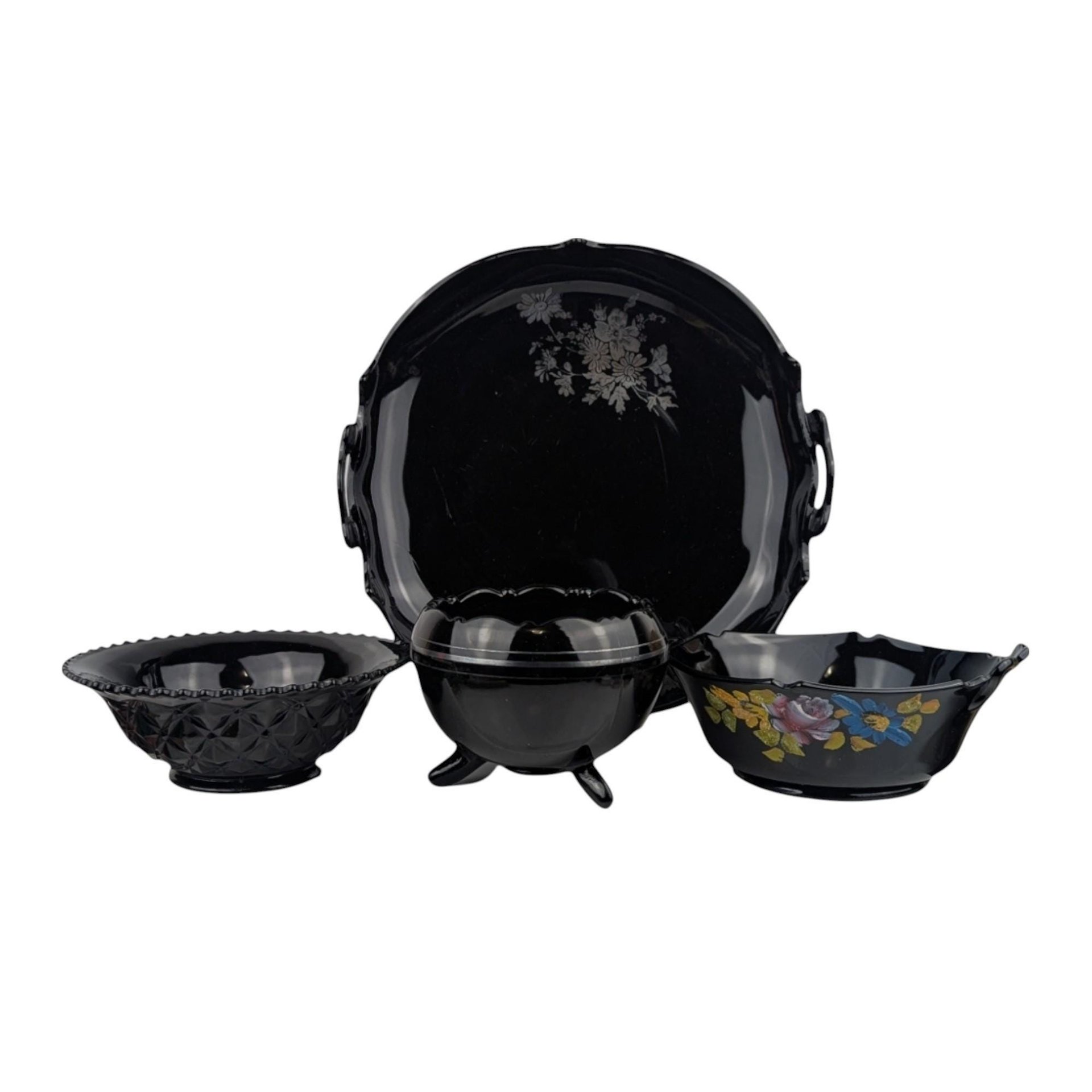 Vintage Black Glass Bowl Set: LE Smith Plate & Hand-Painted Floral Bowl