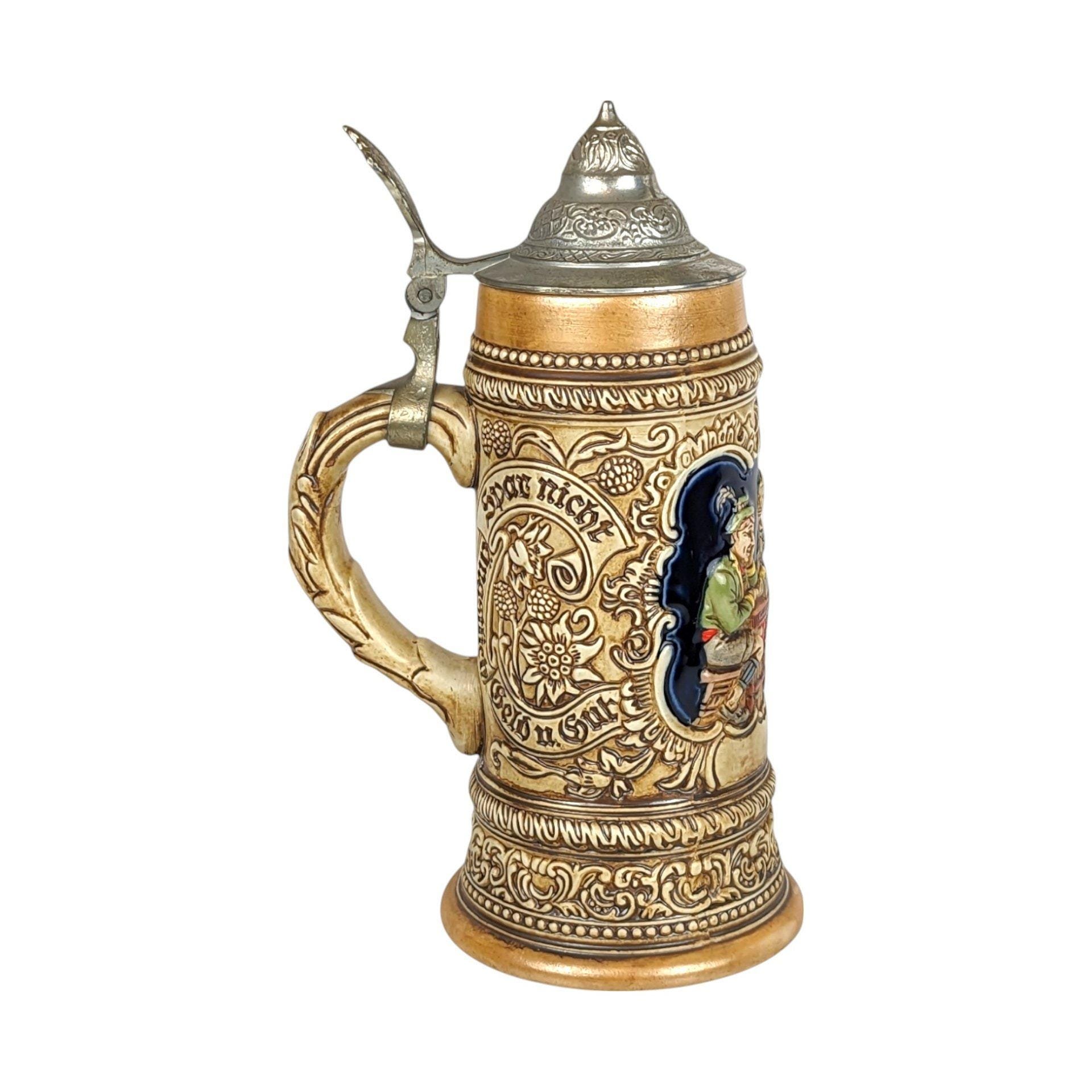 Vintage Tavern Scene Lidded Stein: Ceramarte Brazil Beer Mug