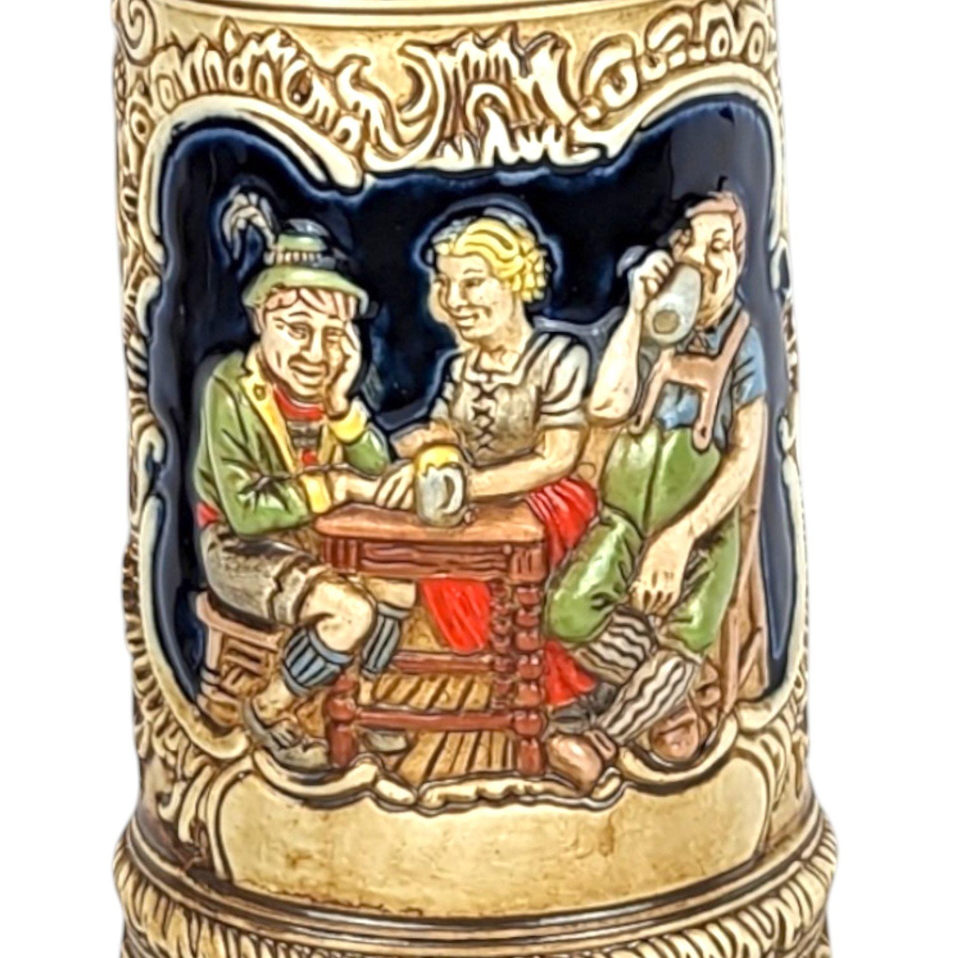 Vintage Tavern Scene Lidded Stein: Ceramarte Brazil Beer Mug