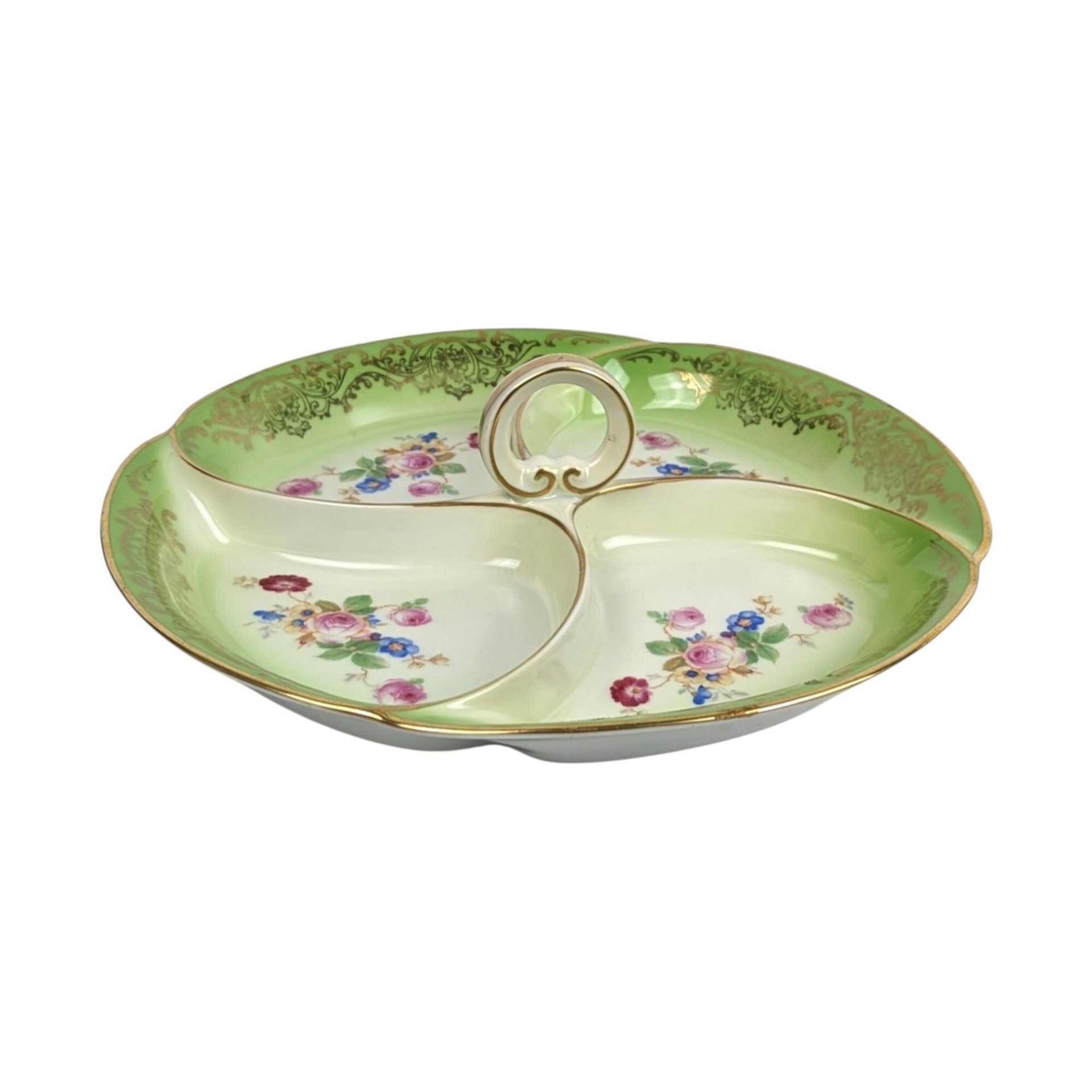 Vintage Tirschenreuth Bavaria Serving Tray: Green & Gold Floral Porcelain Dish
