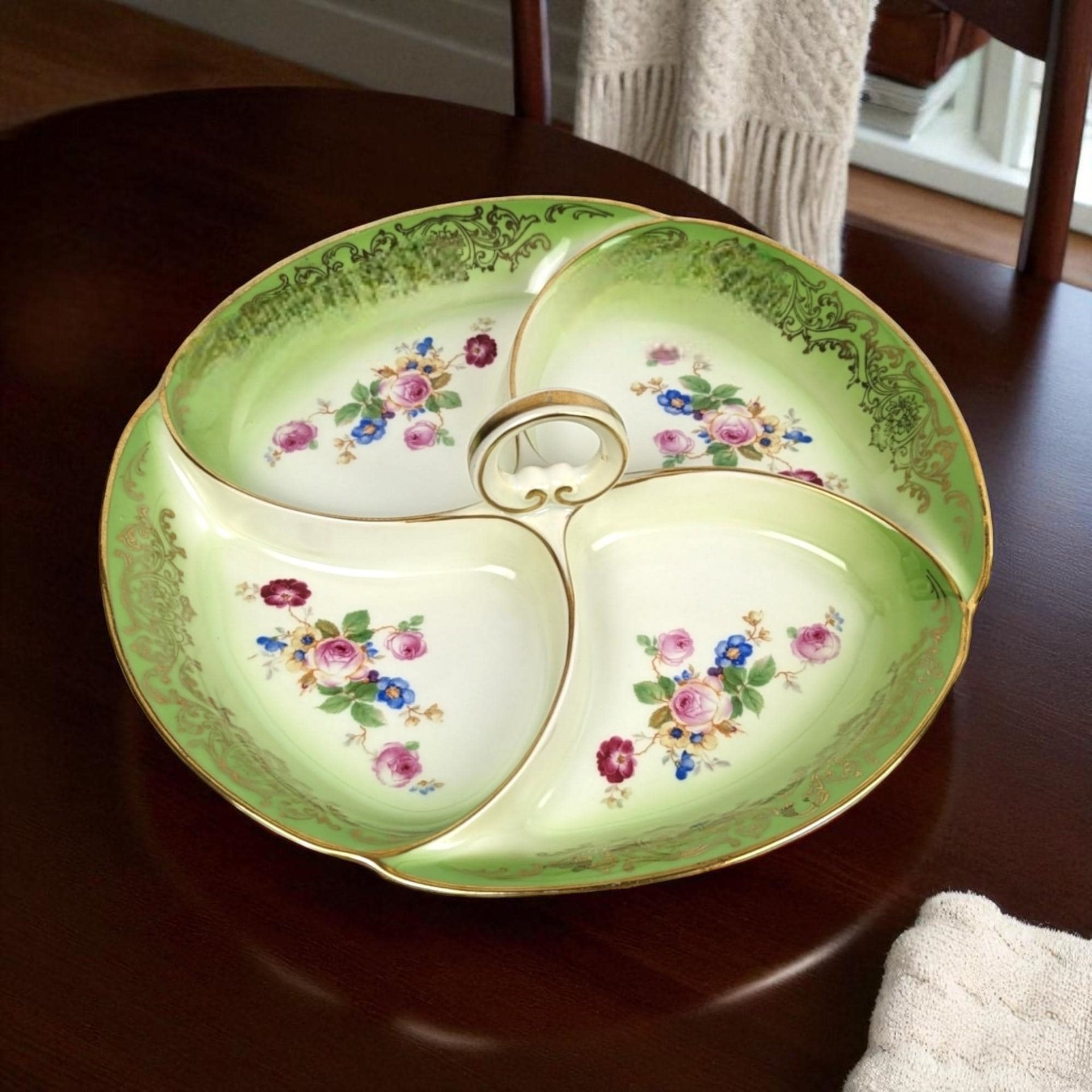 Vintage Tirschenreuth Bavaria Serving Tray: Green & Gold Floral Porcelain Dish