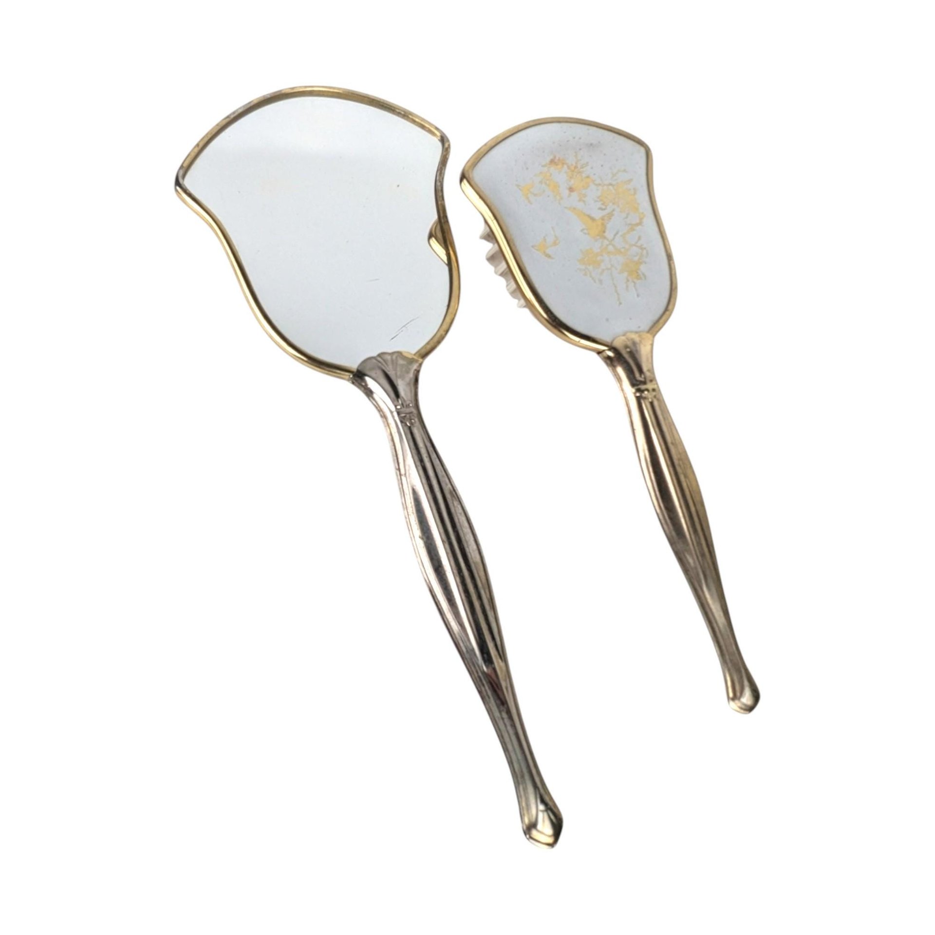 Vintage Gold Floral Mirror and Brush Set: Art Nouveau Boudoir Decor