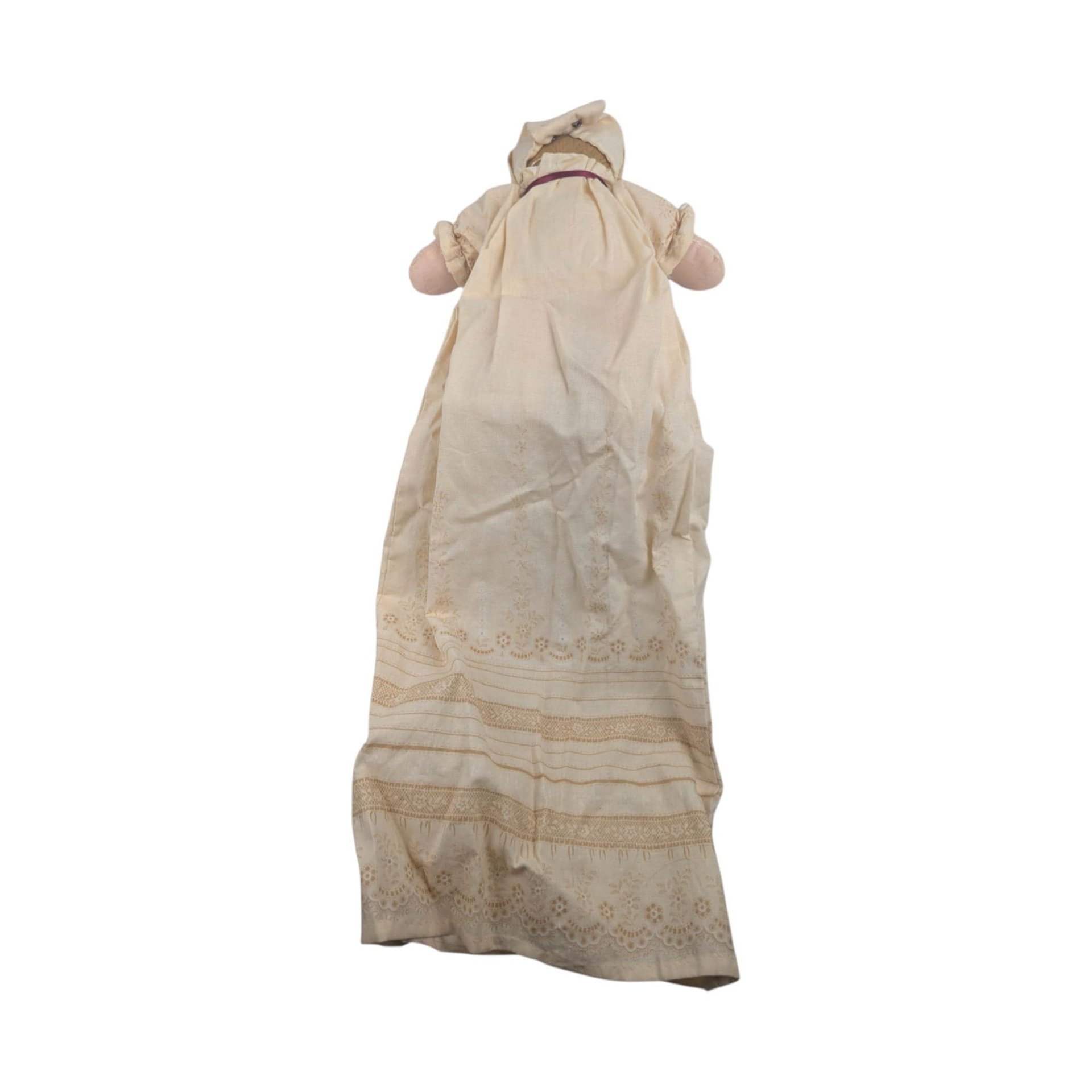 Vintage Handmade Cloth Doll: Long Lace Dress & Bonnet, Folk Art Decor