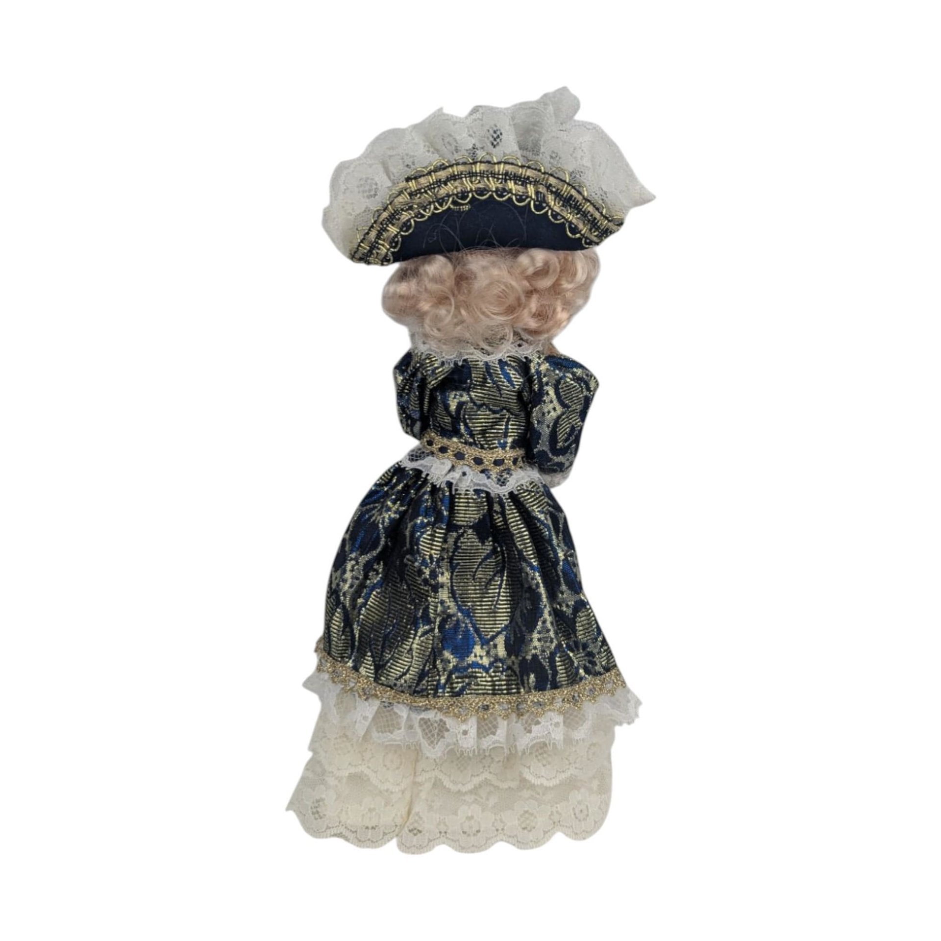 Vintage Porcelain Victorian Lady Doll: Blue & Gold Gown, Lace Hat
