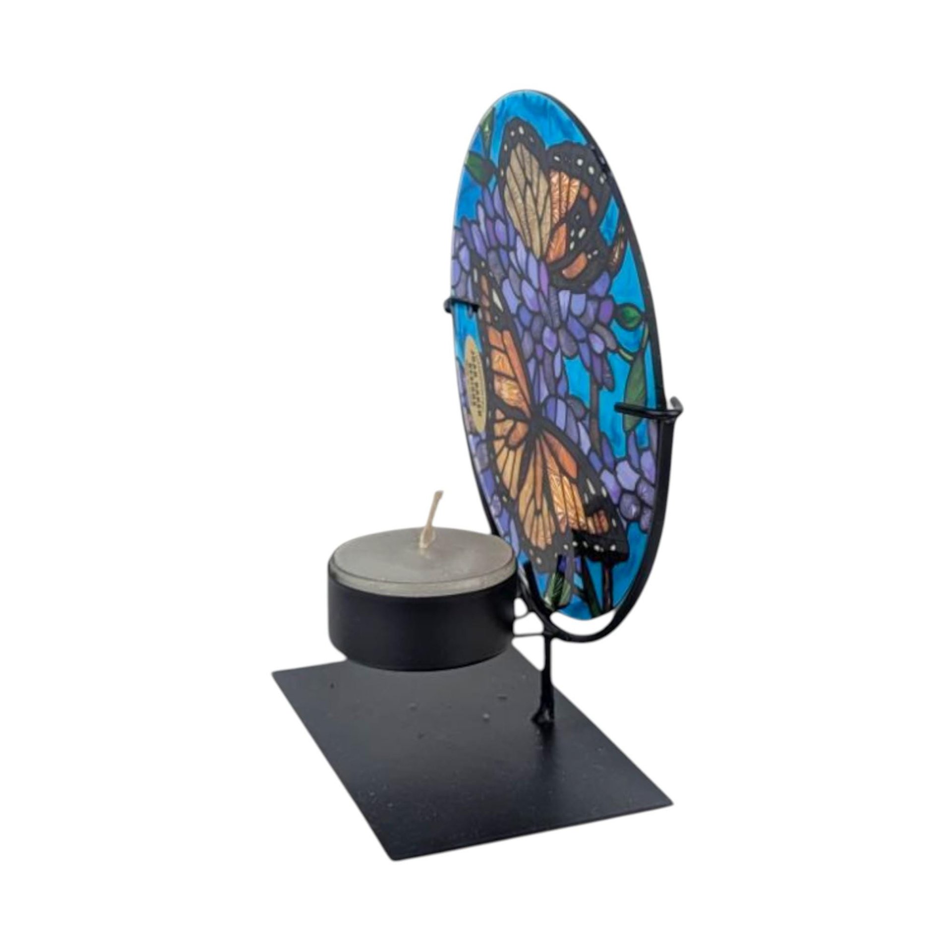 Vintage Joan Baker Handpainted Glass Candle Holder: Monarch Butterfly Art