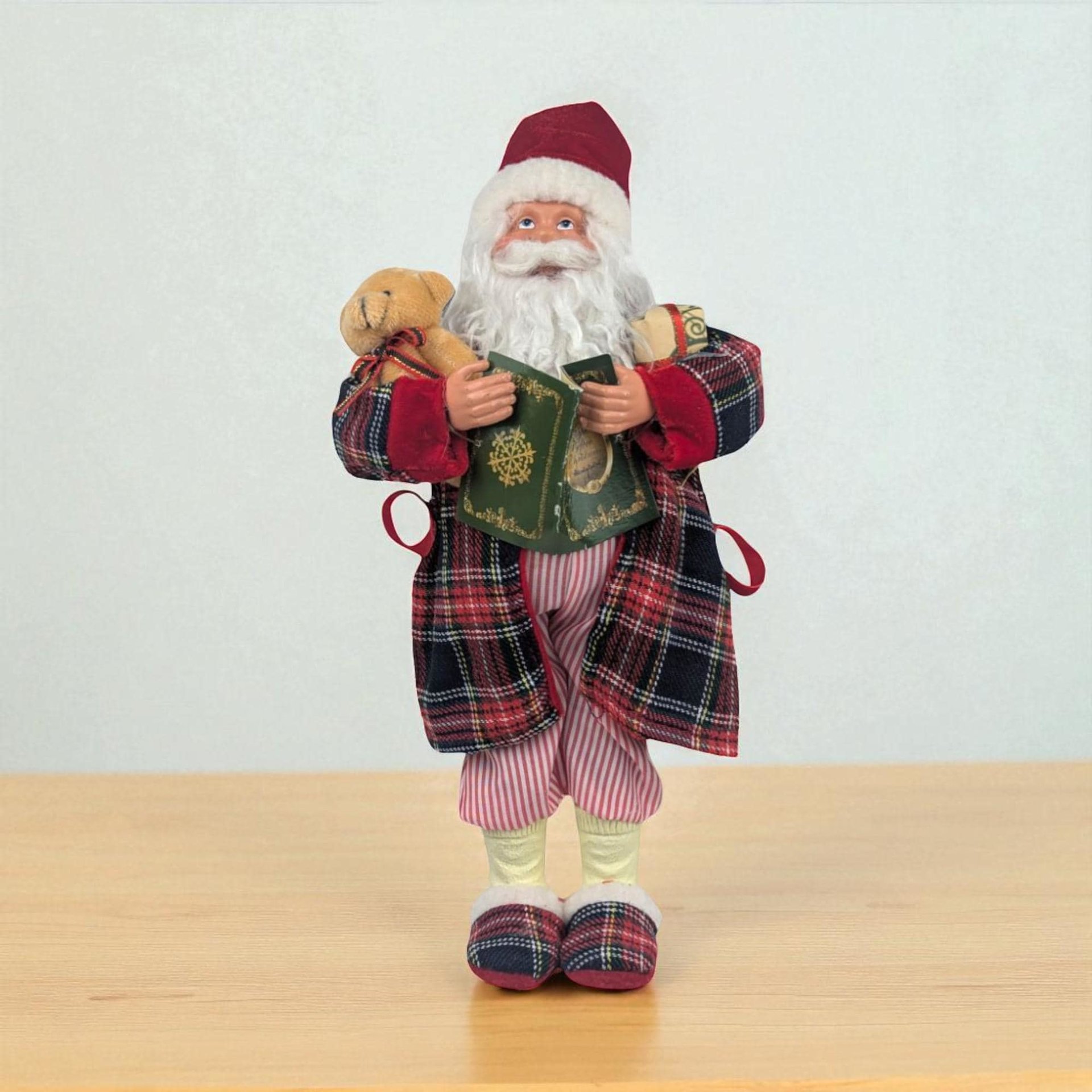 Vintage Standing Santa Figure: Plaid Robe, Teddy Bear, Christmas Mantel Decor
