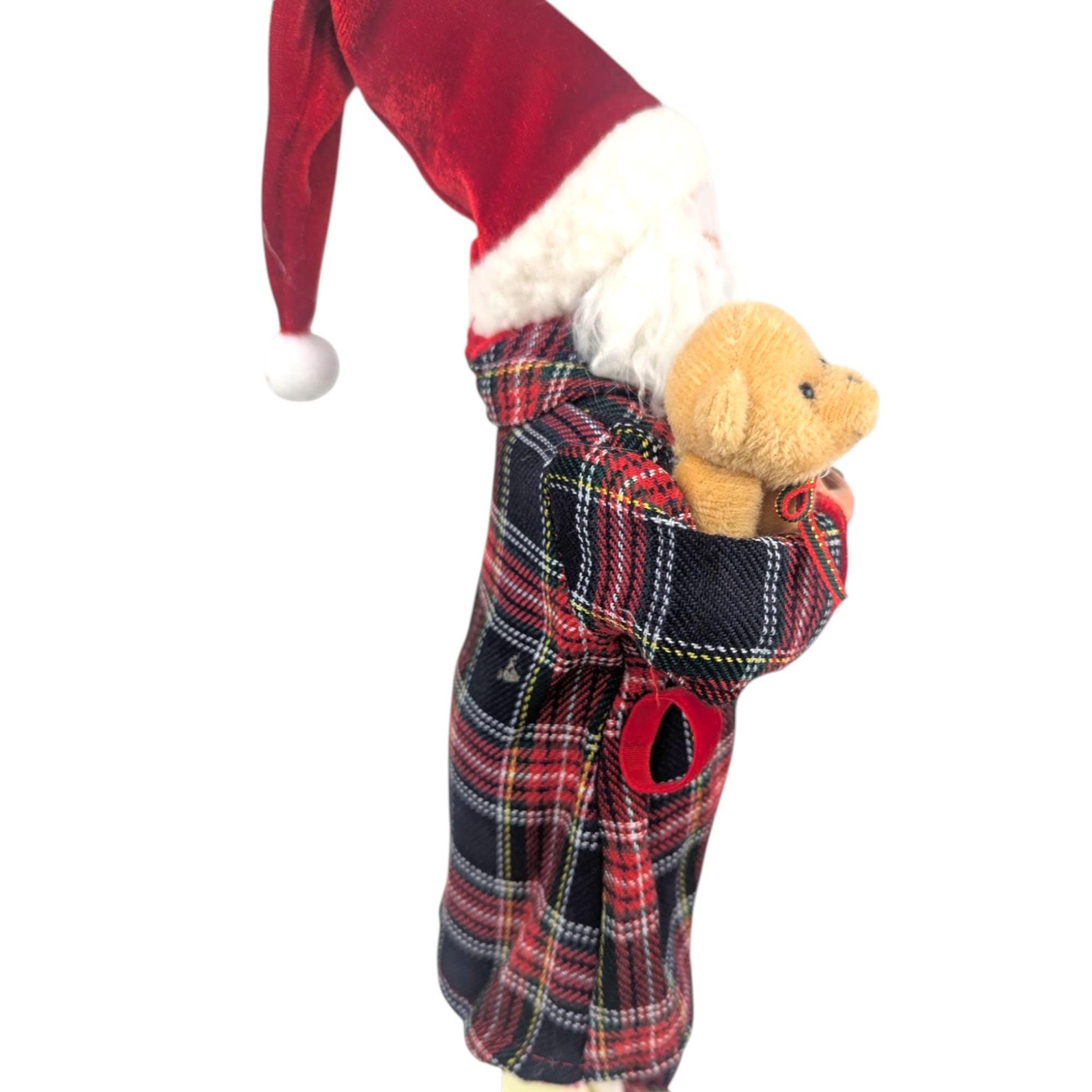 Vintage Standing Santa Figure: Plaid Robe, Teddy Bear, Christmas Mantel Decor
