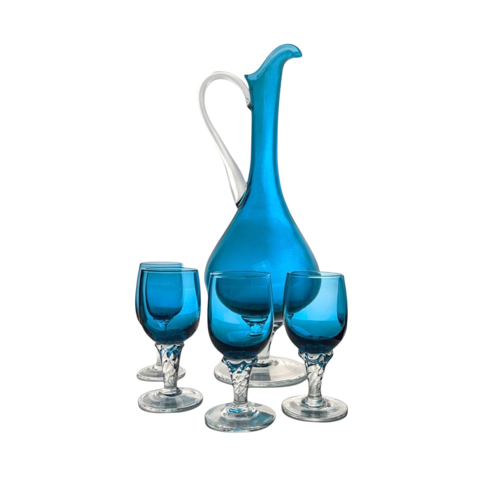 Vintage Cobalt Blue Art Glass Decanter Set: Mid-Century Modern Barware