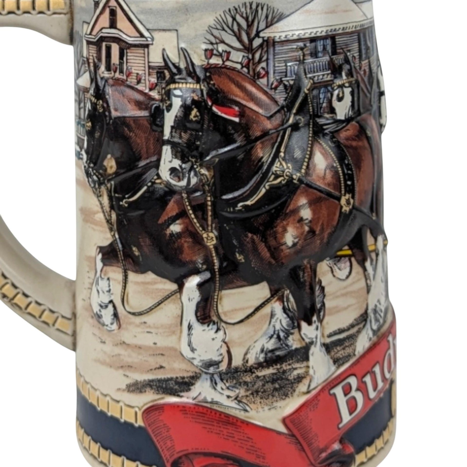 1986 Budweiser Holiday Stein: Clydesdale Horses Christmas Town Scene