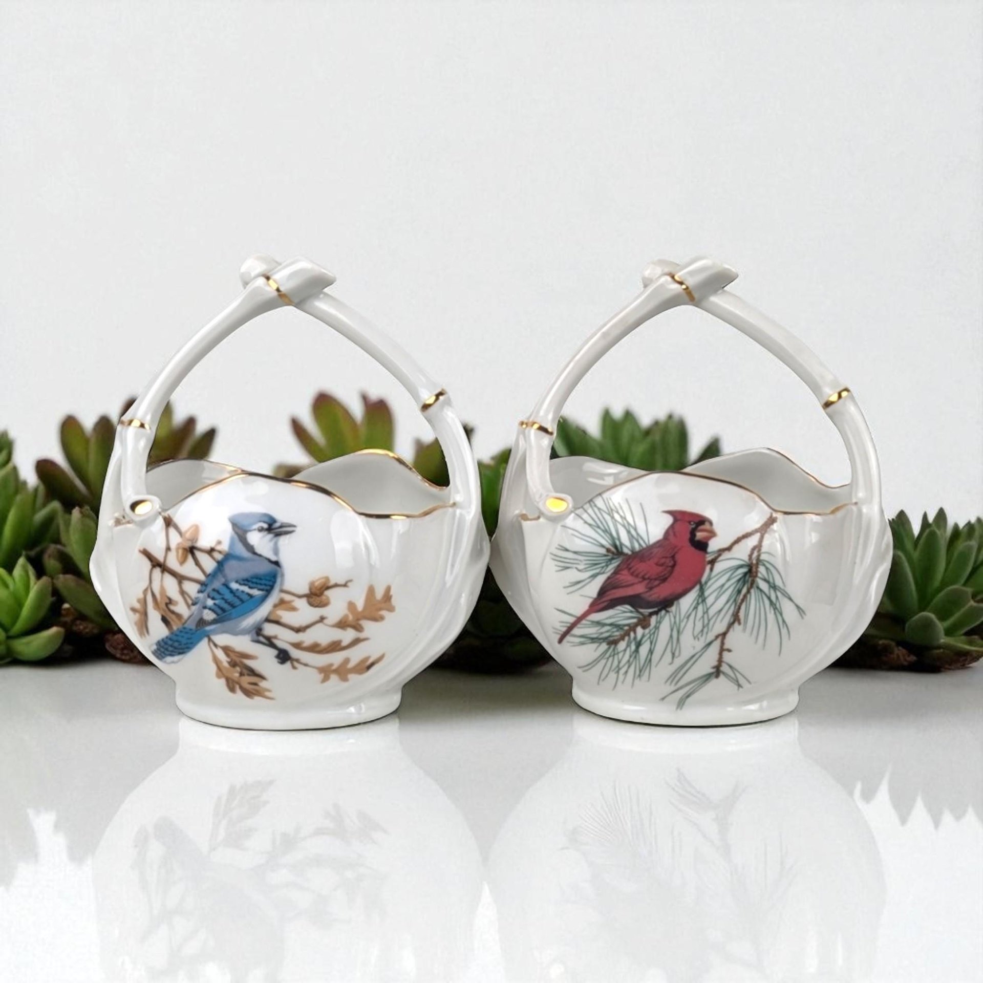 Vintage Limoges Porcelain Bird Baskets: Cardinal & Blue Jay Pair