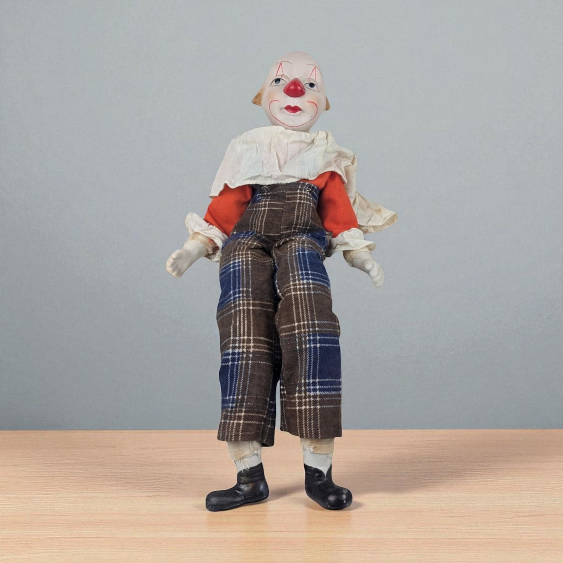 Vintage Sitting Clown Doll: Plaid Pants, Collectible Decor