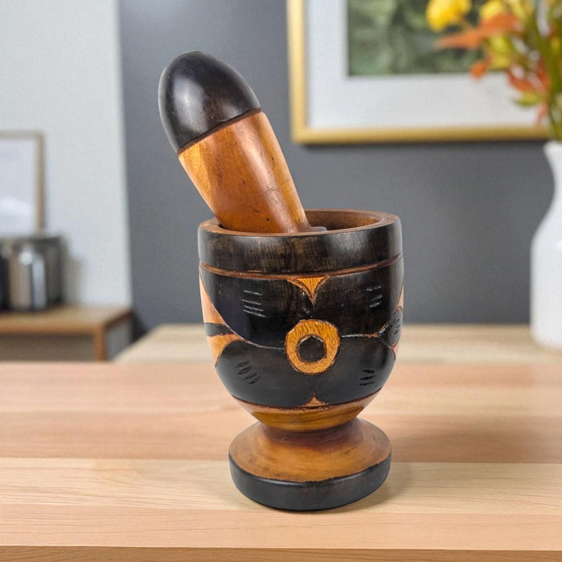Vintage Wooden Mortar and Pestle: Rustic Kitchen Decor Spice Grinder