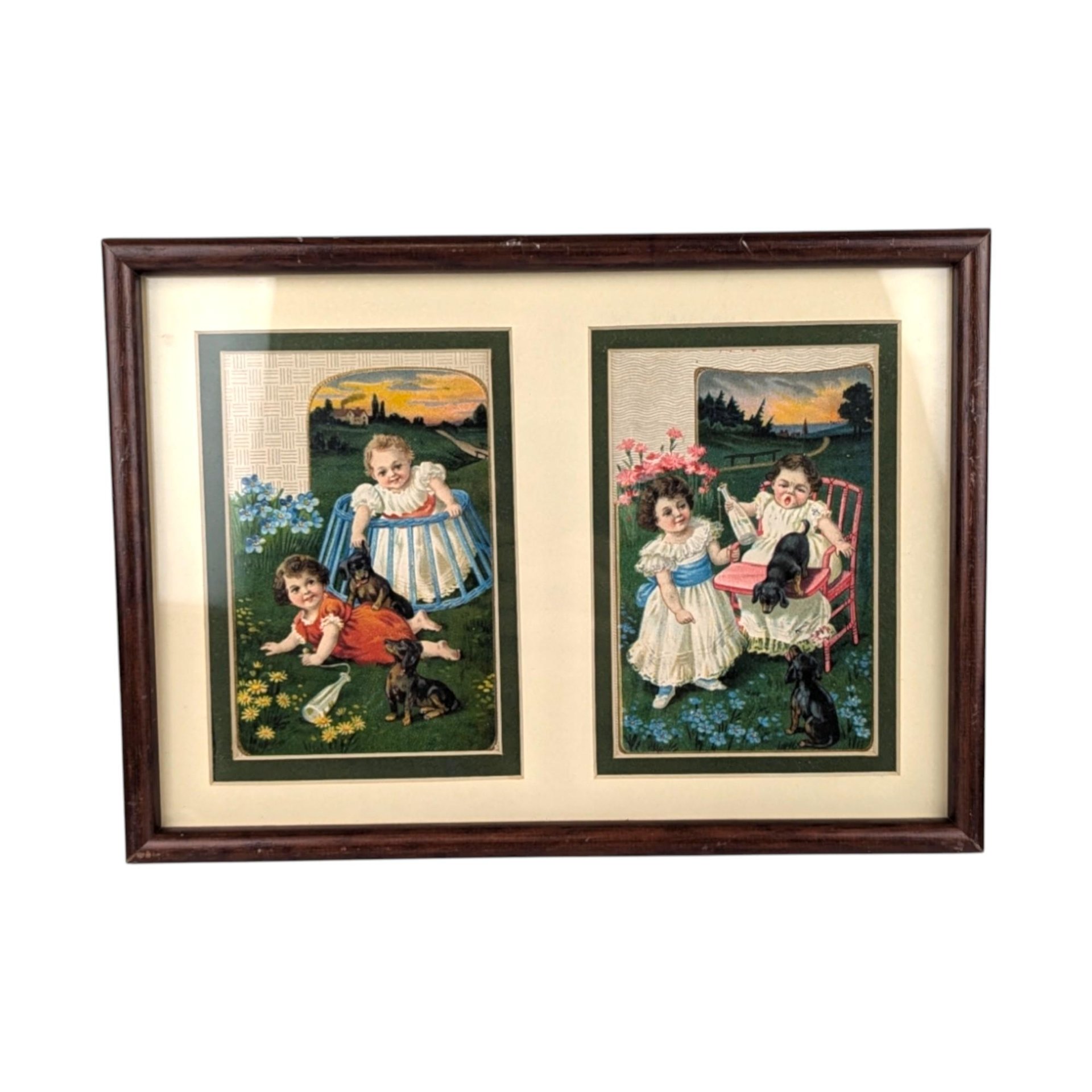 Vintage Sasparilla Advertising Cards: Children & Dogs Framed Wall Decor (Set of 2, 10.5x8")