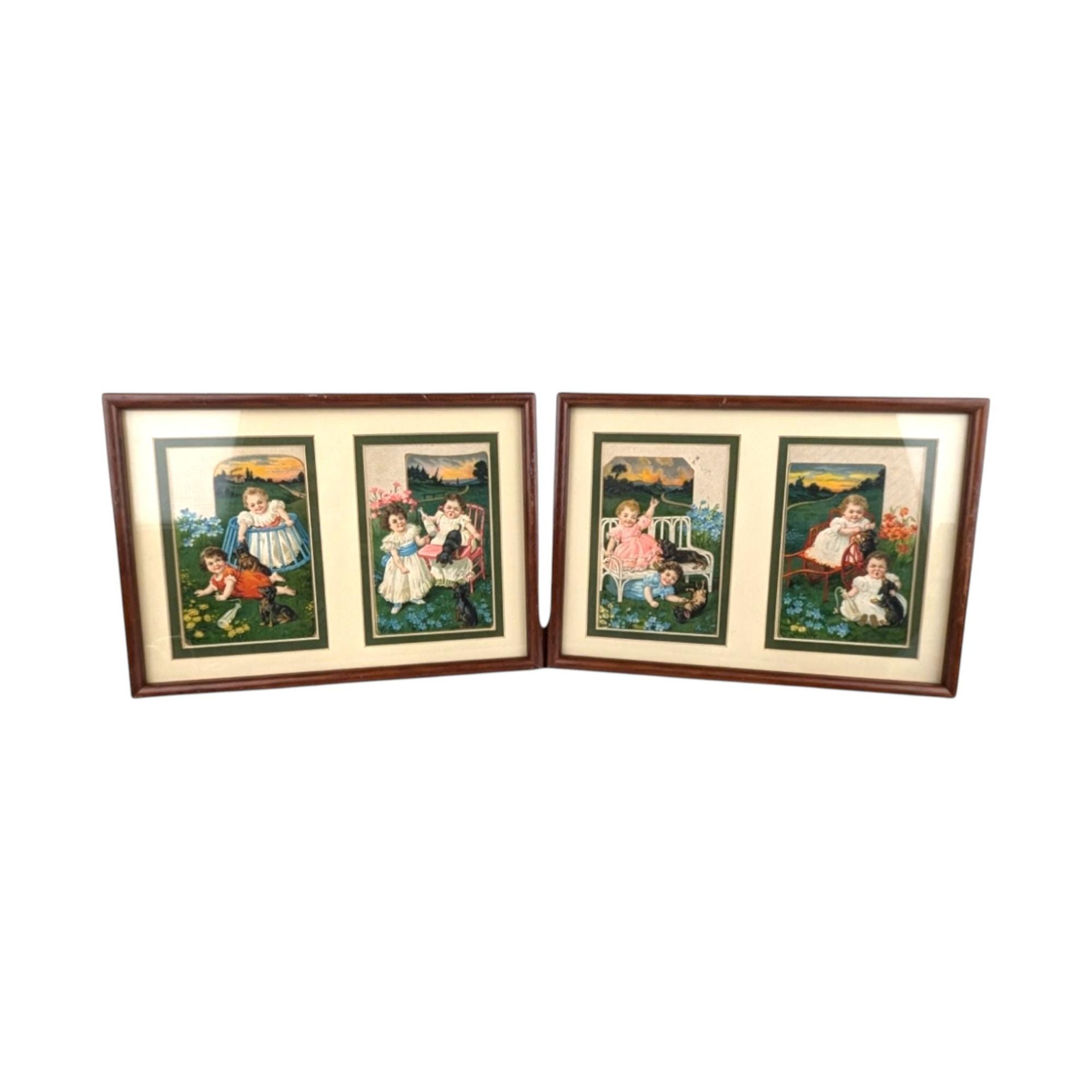 Vintage Sasparilla Advertising Cards: Children & Dogs Framed Wall Decor (Set of 2, 10.5x8")