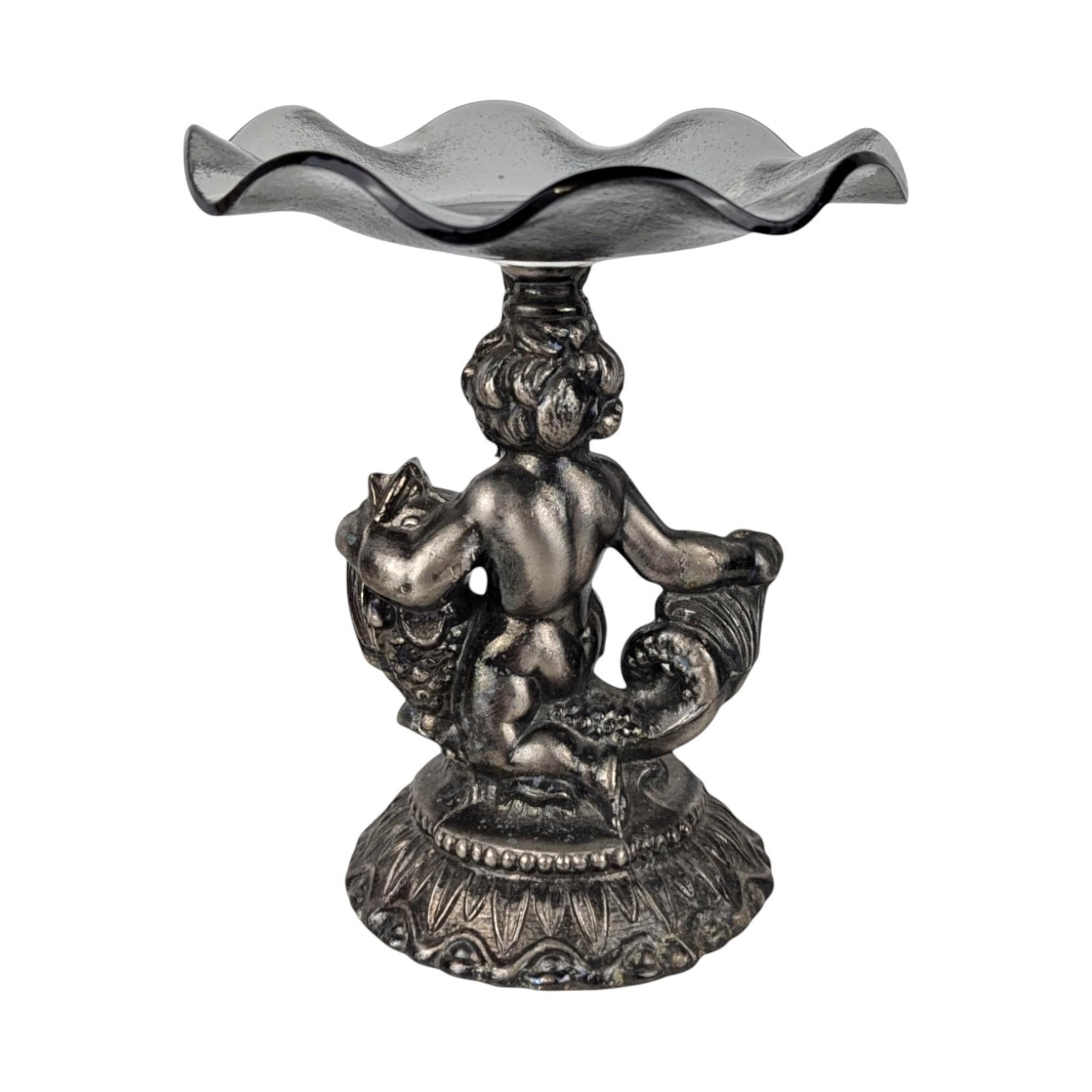 Vintage Cast Pewter Pedestal Dish, Cherub and Koi Fish, Glass Candy Dish, Trinket Dish, Unique Home Decor