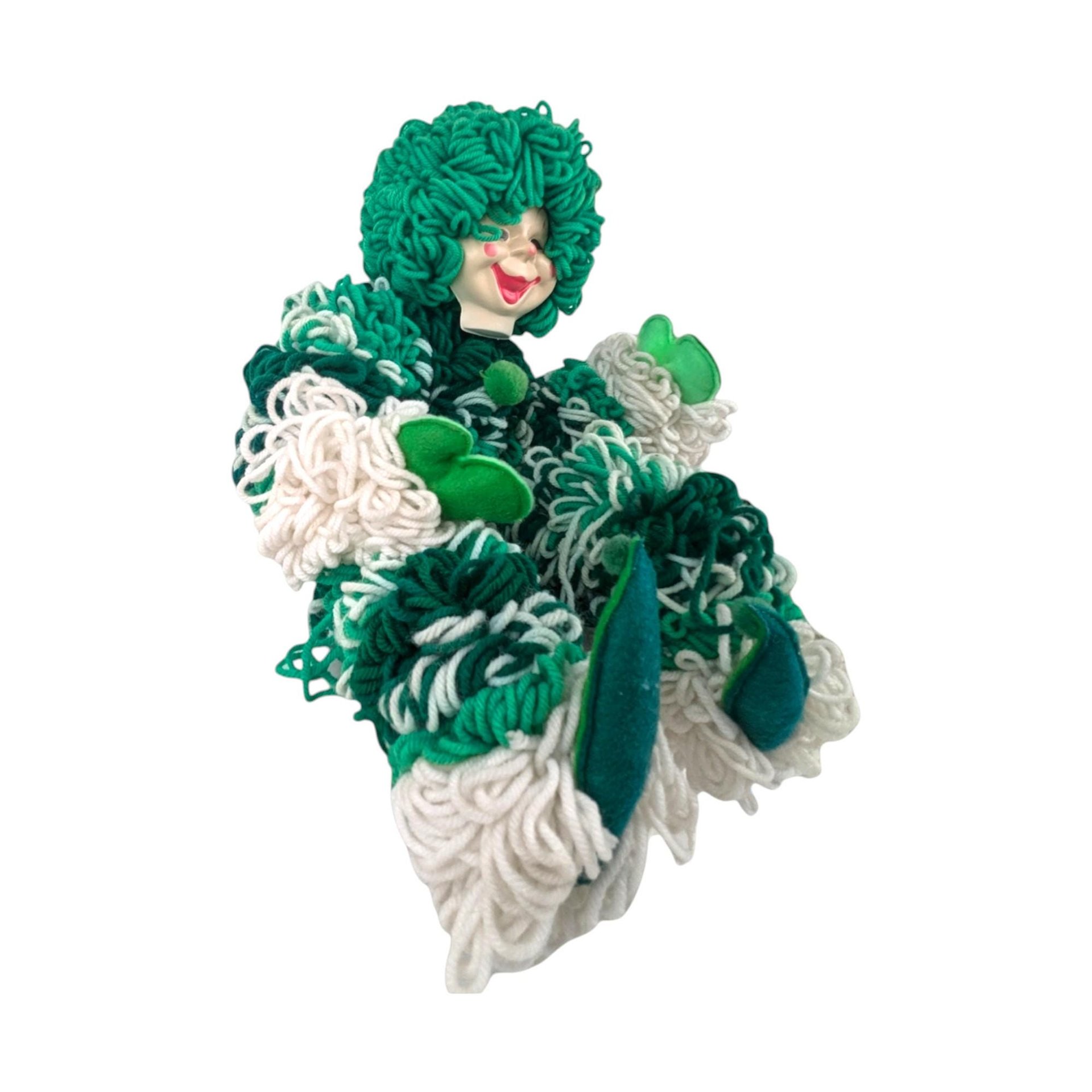 Vintage Handmade Yarn Clown, Green and White Clown Doll, Whimsical Decor, Collectible Clown, Unique Gift