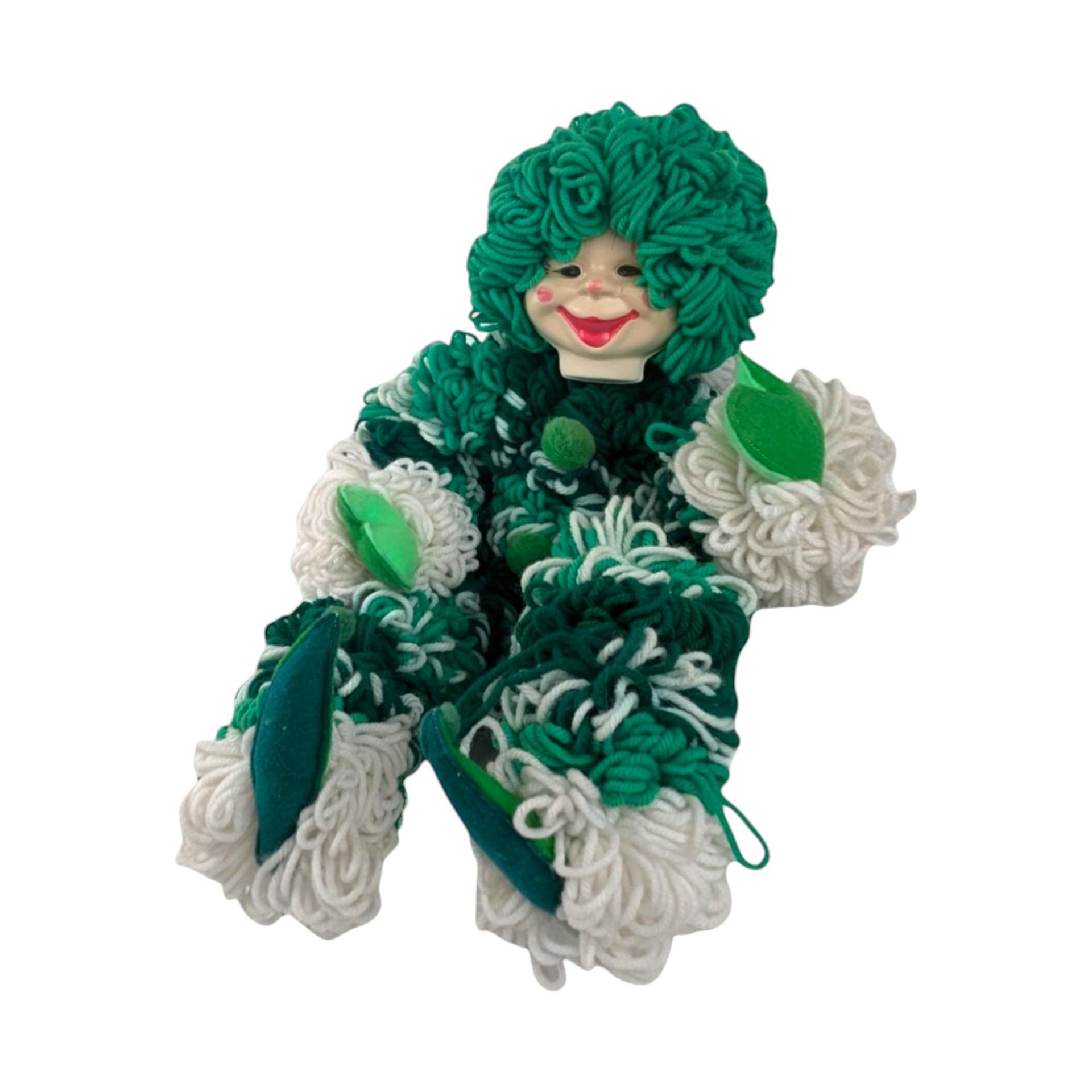 Vintage Handmade Yarn Clown, Green and White Clown Doll, Whimsical Decor, Collectible Clown, Unique Gift