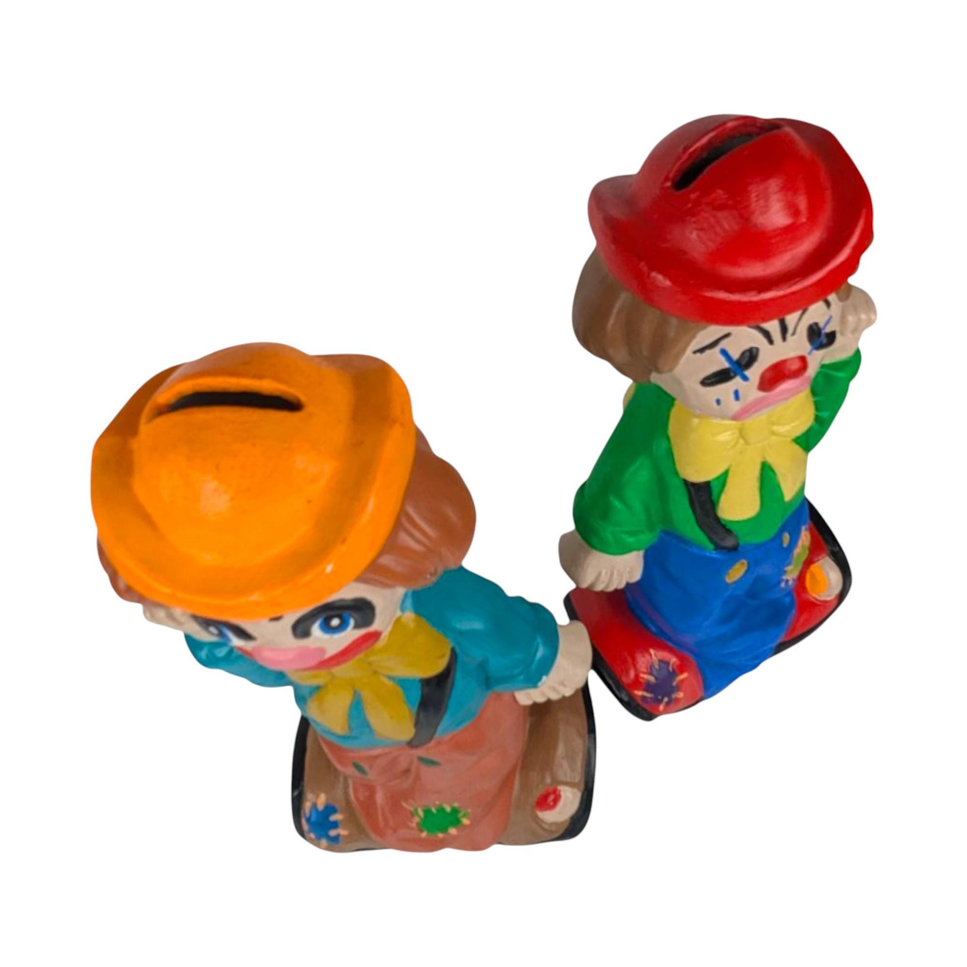 1975 Ceramic Two-Face Clown Bank Pair, Vintage Happy Sad Piggy Banks, Circus Decor