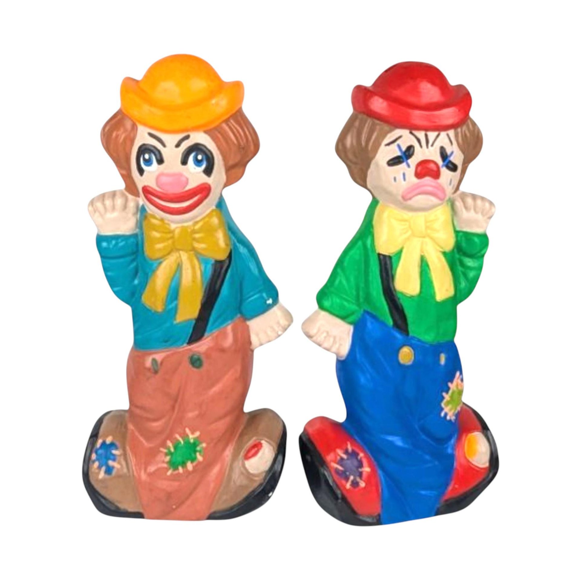 1975 Ceramic Two-Face Clown Bank Pair, Vintage Happy Sad Piggy Banks, Circus Decor